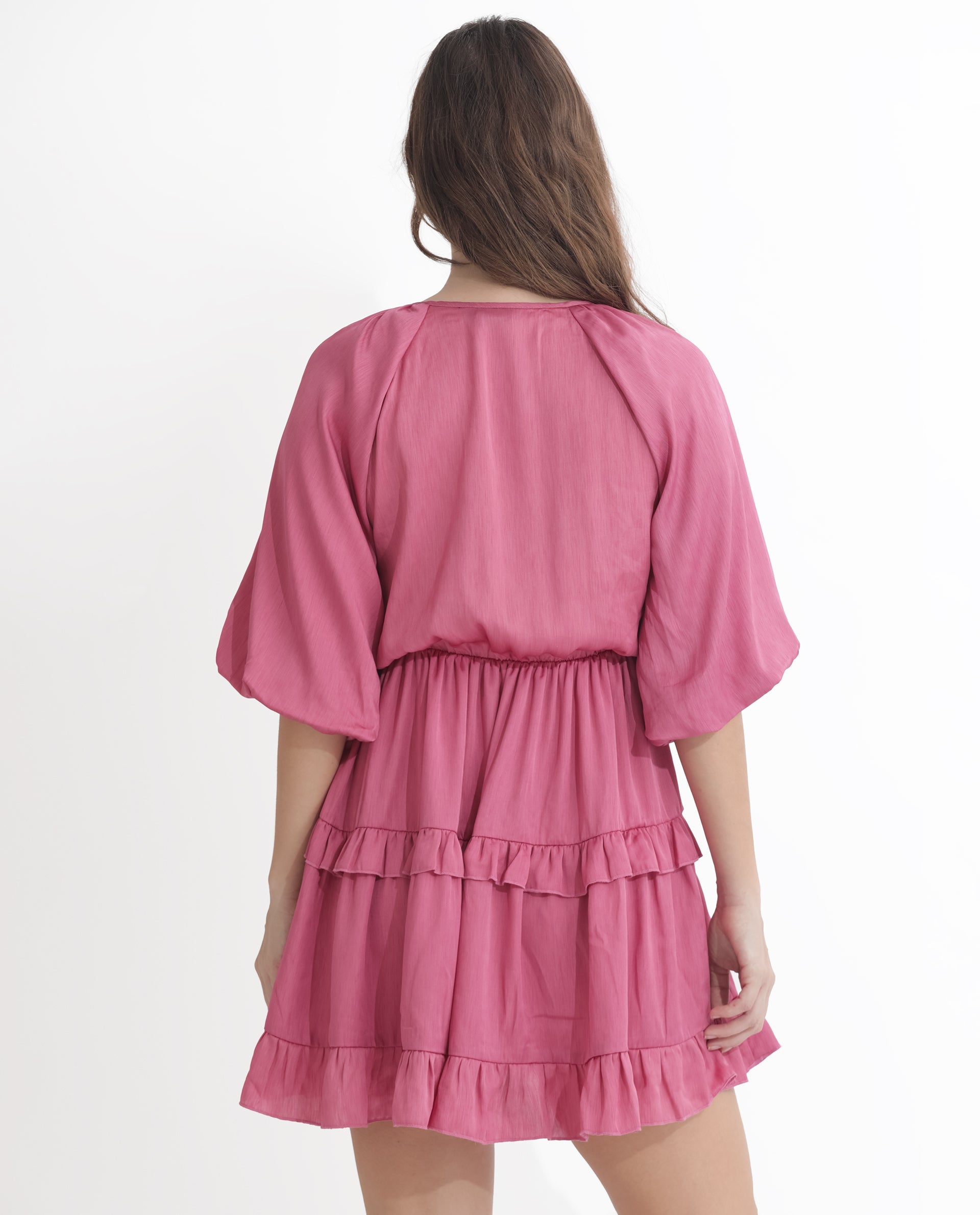 Rareism Women Zeke Pink Polyester Fabric Short Sleeves Tie-Up Neck Raglan Sleeve Regular Fit Plain Short Boxy Dress