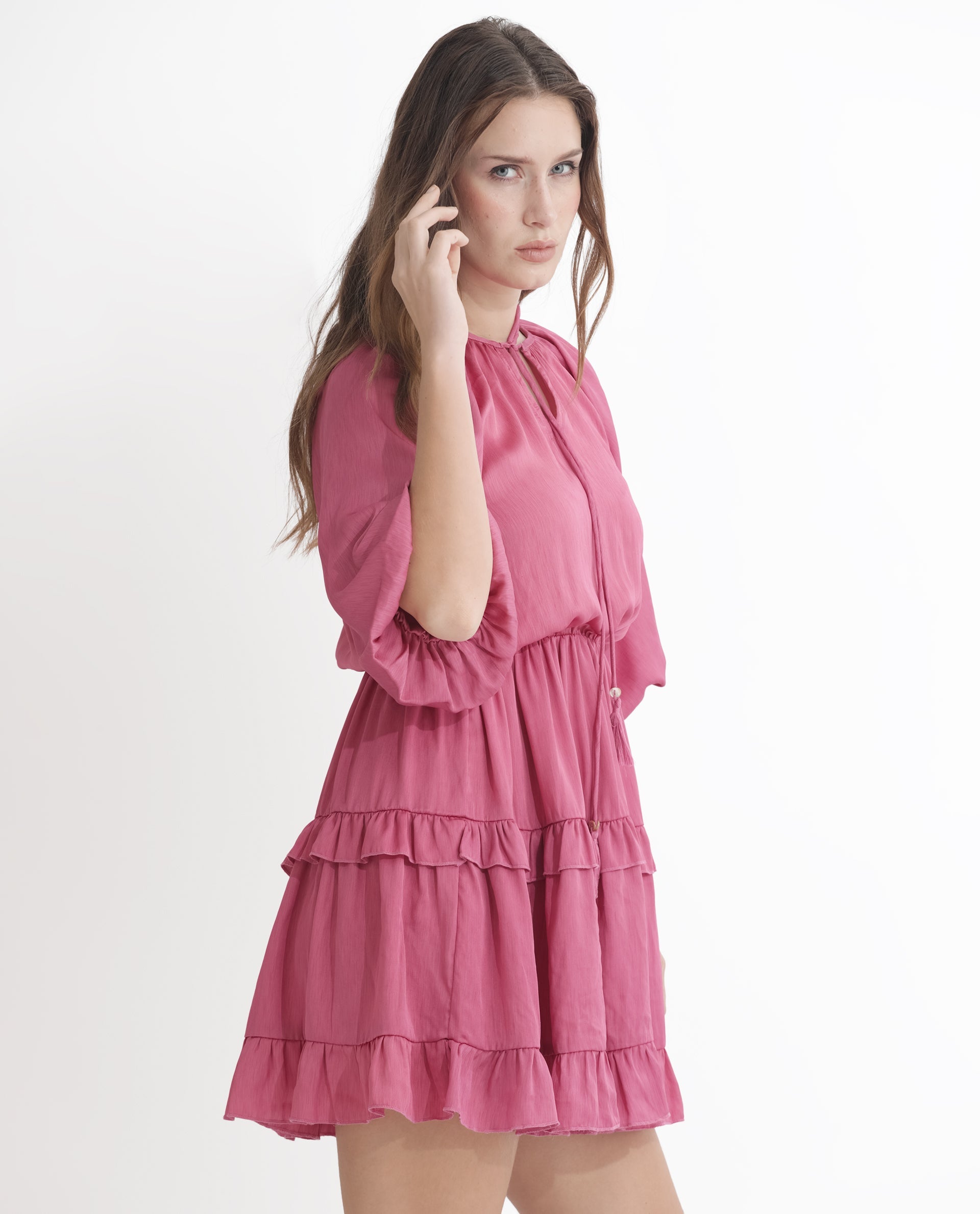 Rareism Women Zeke Pink Polyester Fabric Short Sleeves Tie-Up Neck Raglan Sleeve Regular Fit Plain Short Boxy Dress