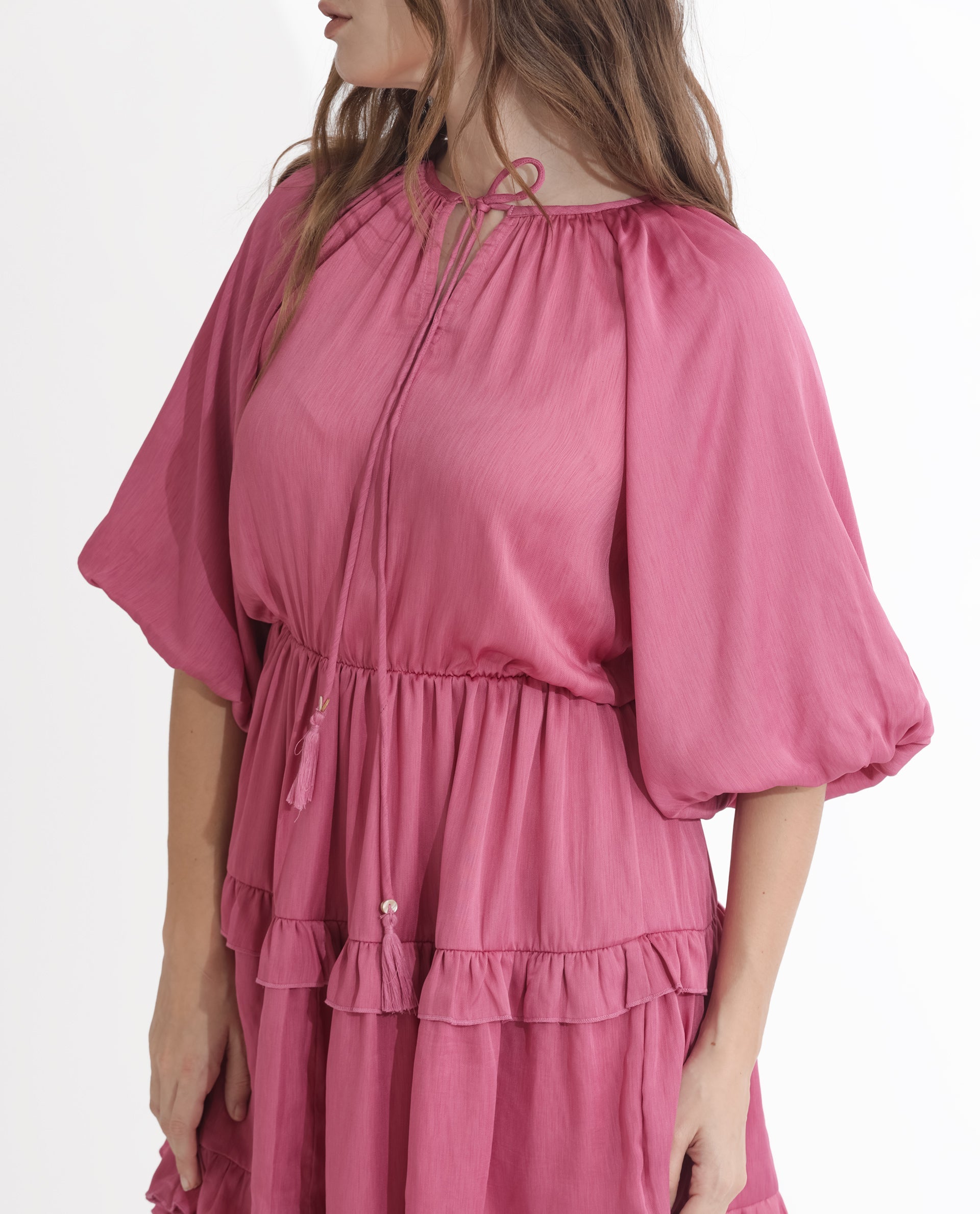 Rareism Women Zeke Pink Polyester Fabric Short Sleeves Tie-Up Neck Raglan Sleeve Regular Fit Plain Short Boxy Dress