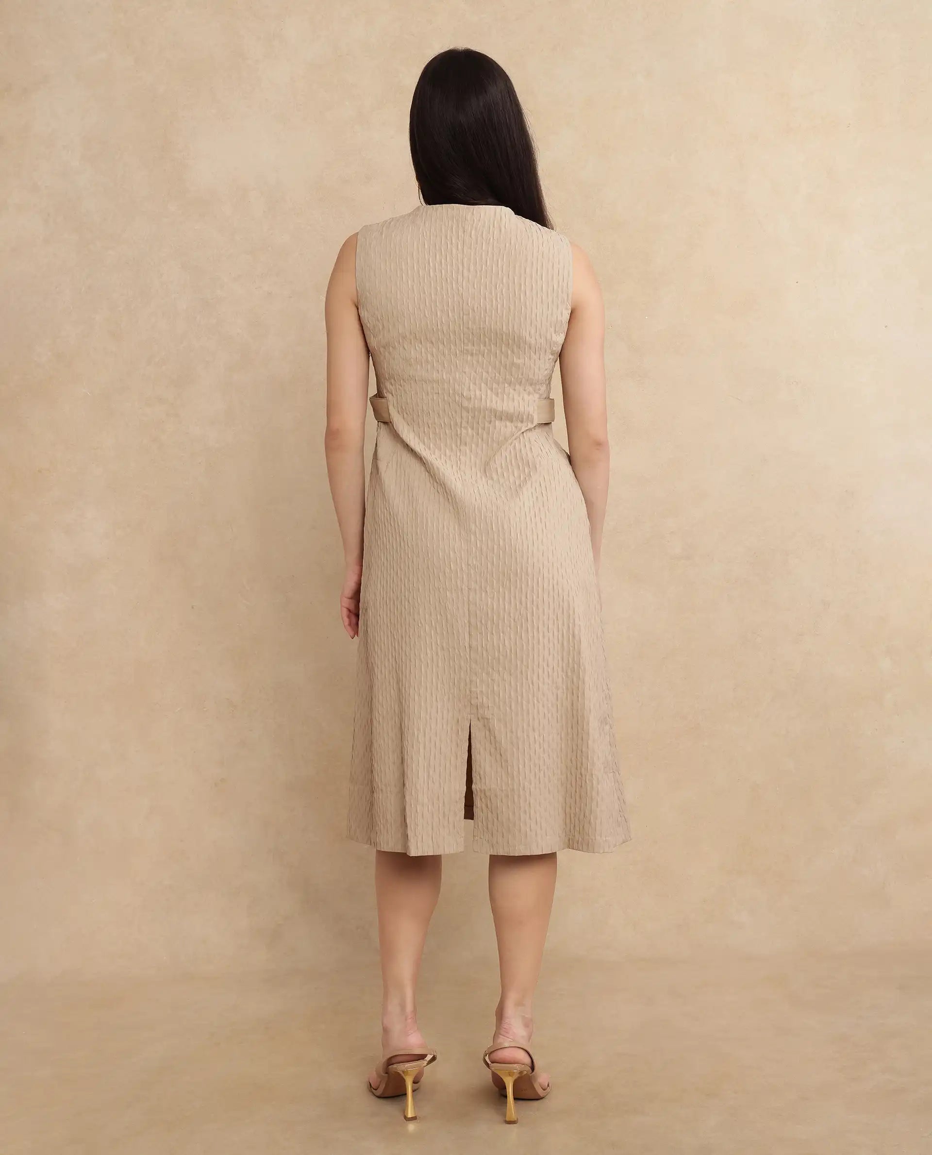 Rareism Women Zelina Beige Sleeveless Crew Neck Zipper Closure A-Line Knee Length Plain Dress