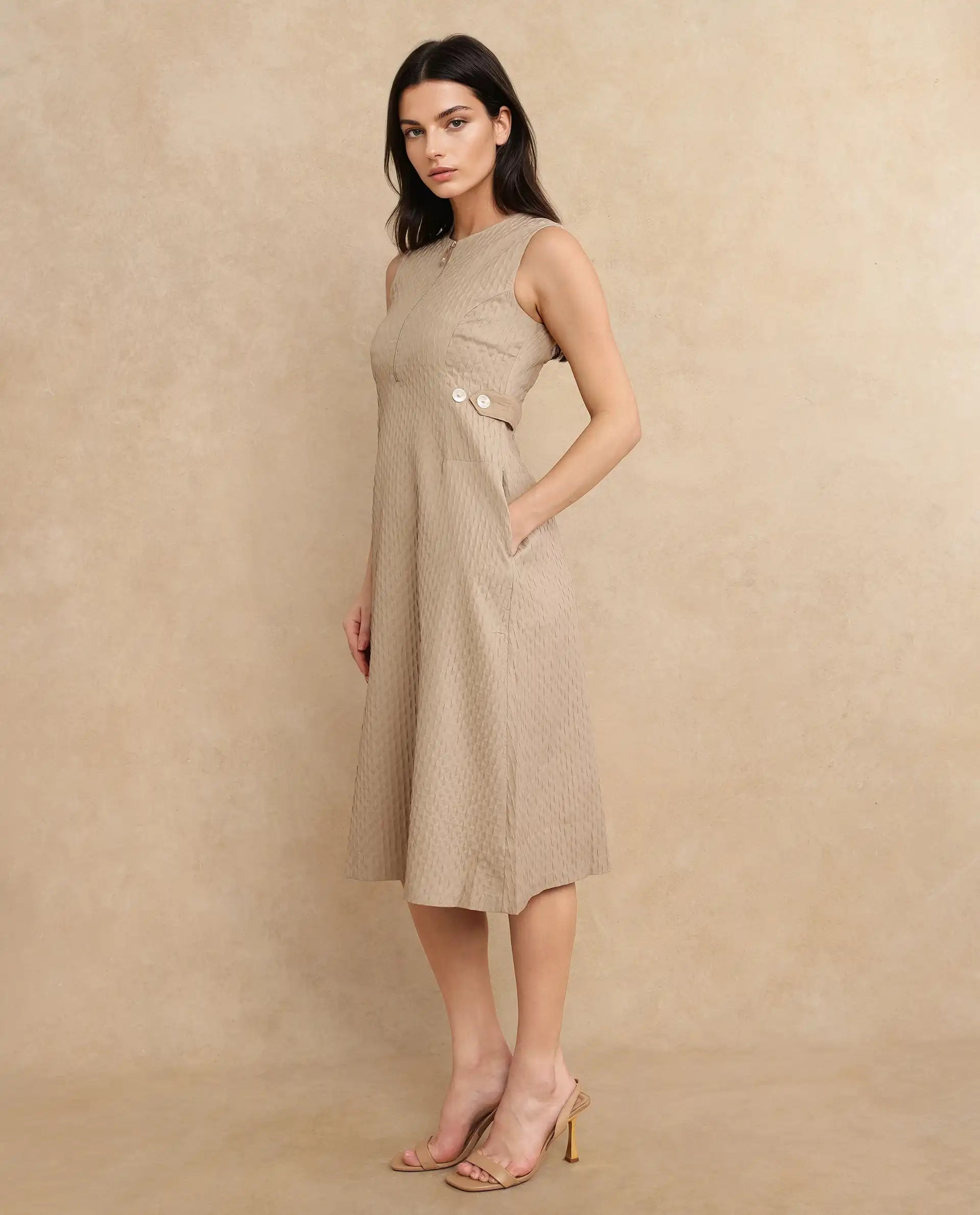 Rareism Women Zelina Beige Sleeveless Crew Neck Zipper Closure A-Line Knee Length Plain Dress