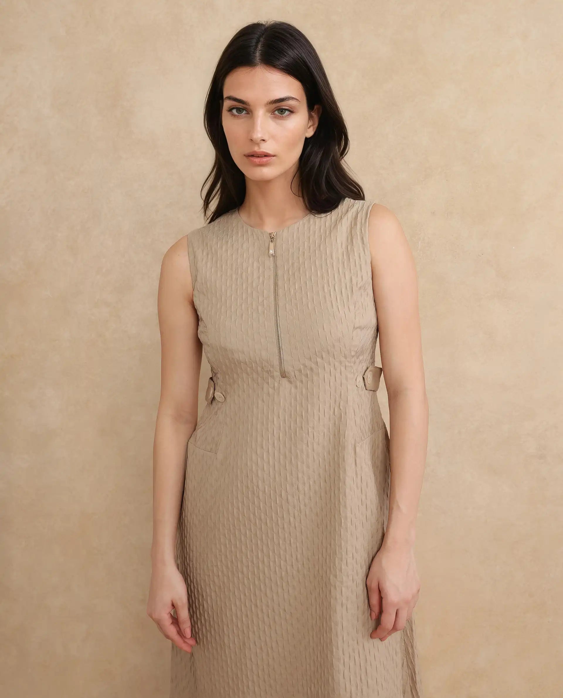 Rareism Women Zelina Beige Sleeveless Crew Neck Zipper Closure A-Line Knee Length Plain Dress