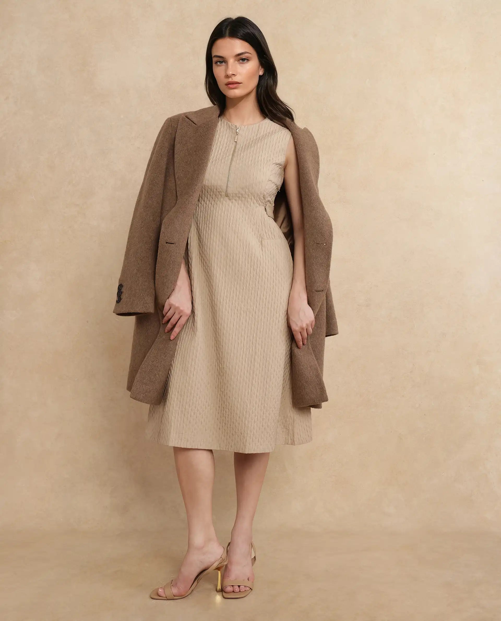 Rareism Women Zelina Beige Sleeveless Crew Neck Zipper Closure A-Line Knee Length Plain Dress