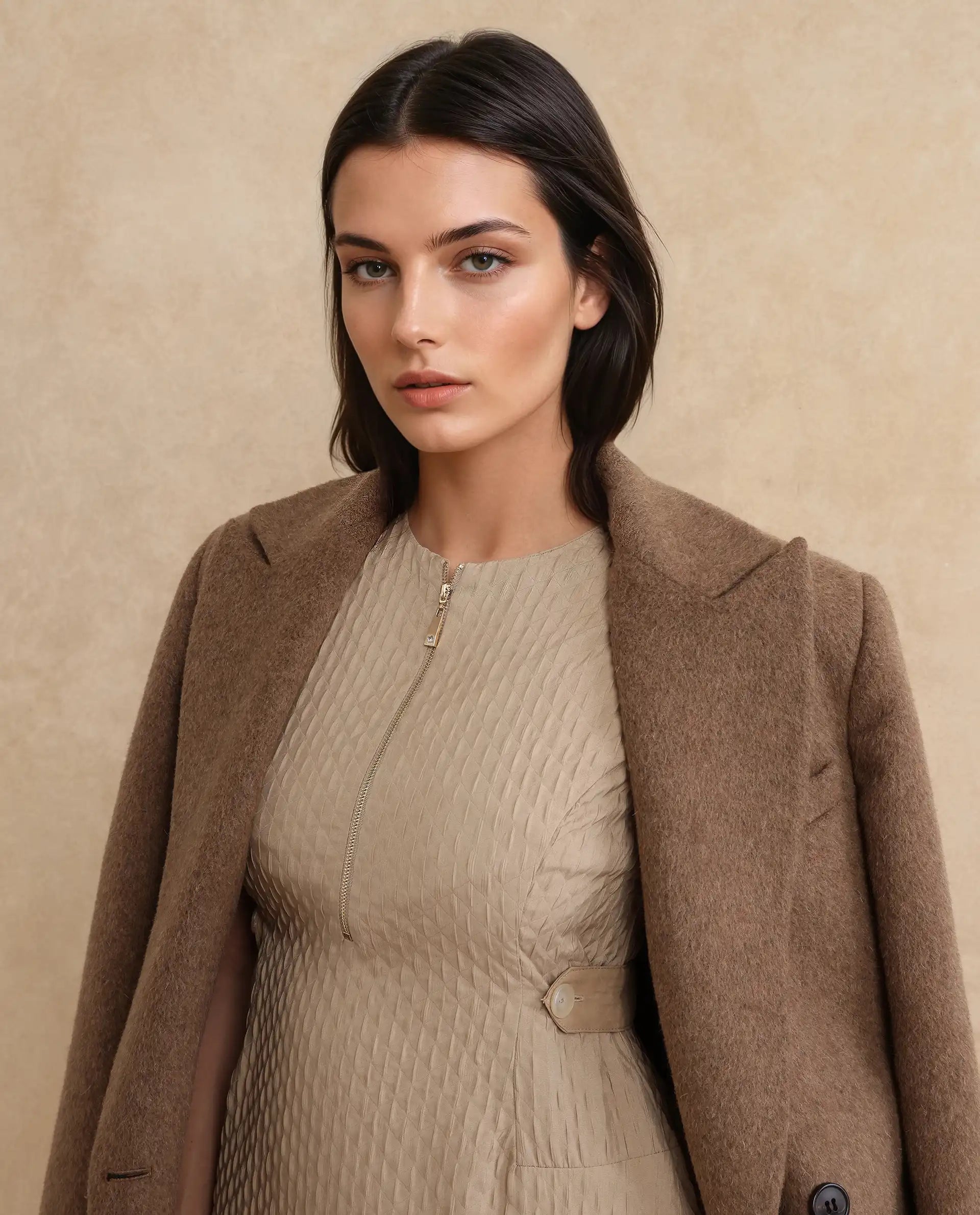 Rareism Women Zelina Beige Sleeveless Crew Neck Zipper Closure A-Line Knee Length Plain Dress