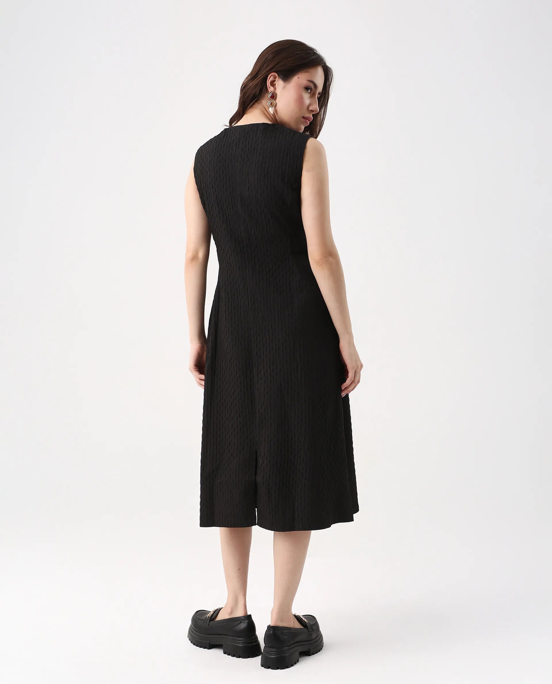 Rareism Women's Zelina Black Polyester Round Neck Striped Sleeveless Knee Length A-Line Dress