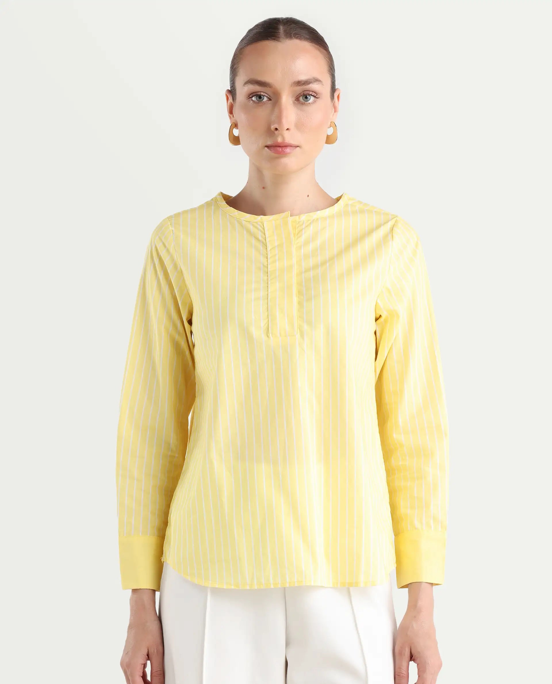 Rareism Women's Zelma Yellow Cotton Crew Neck Striped Cuffed Sleeve Regular Fit Top