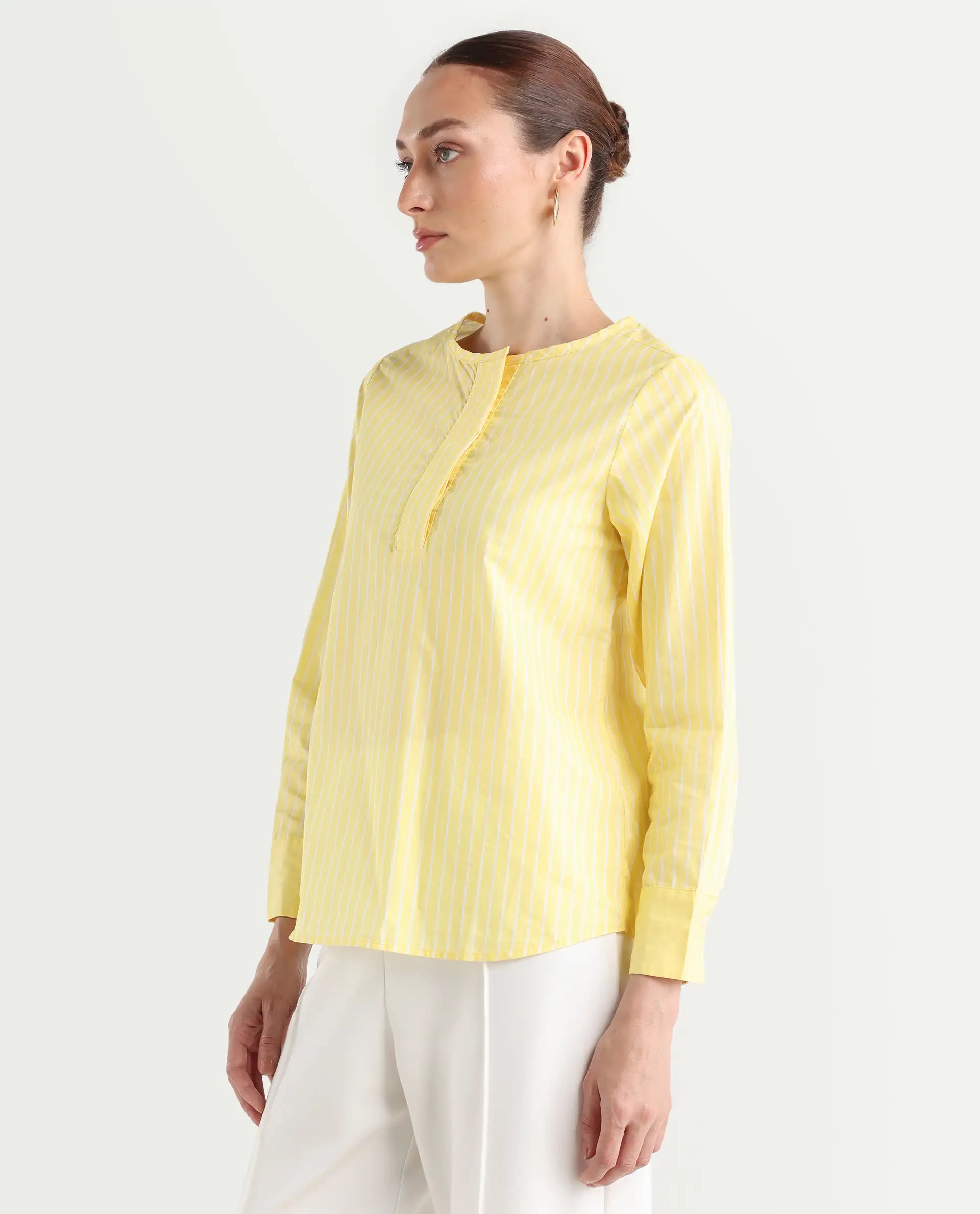 Rareism Women's Zelma Yellow Cotton Crew Neck Striped Cuffed Sleeve Regular Fit Top