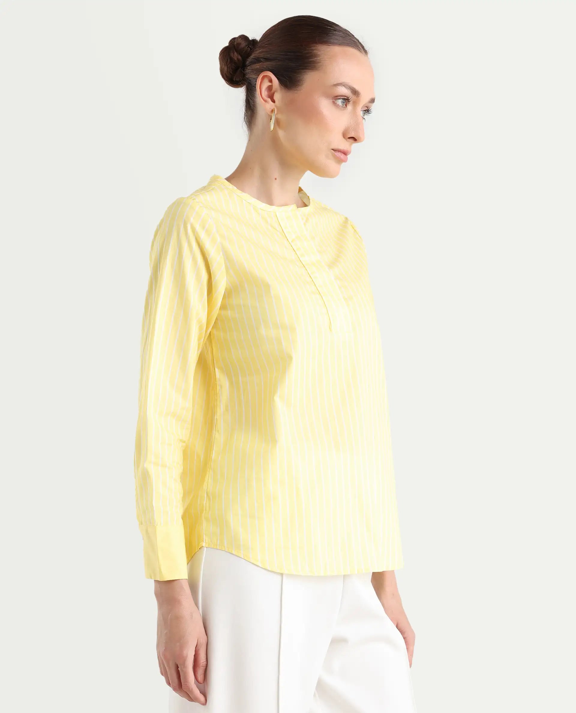 Rareism Women's Zelma Yellow Cotton Crew Neck Striped Cuffed Sleeve Regular Fit Top