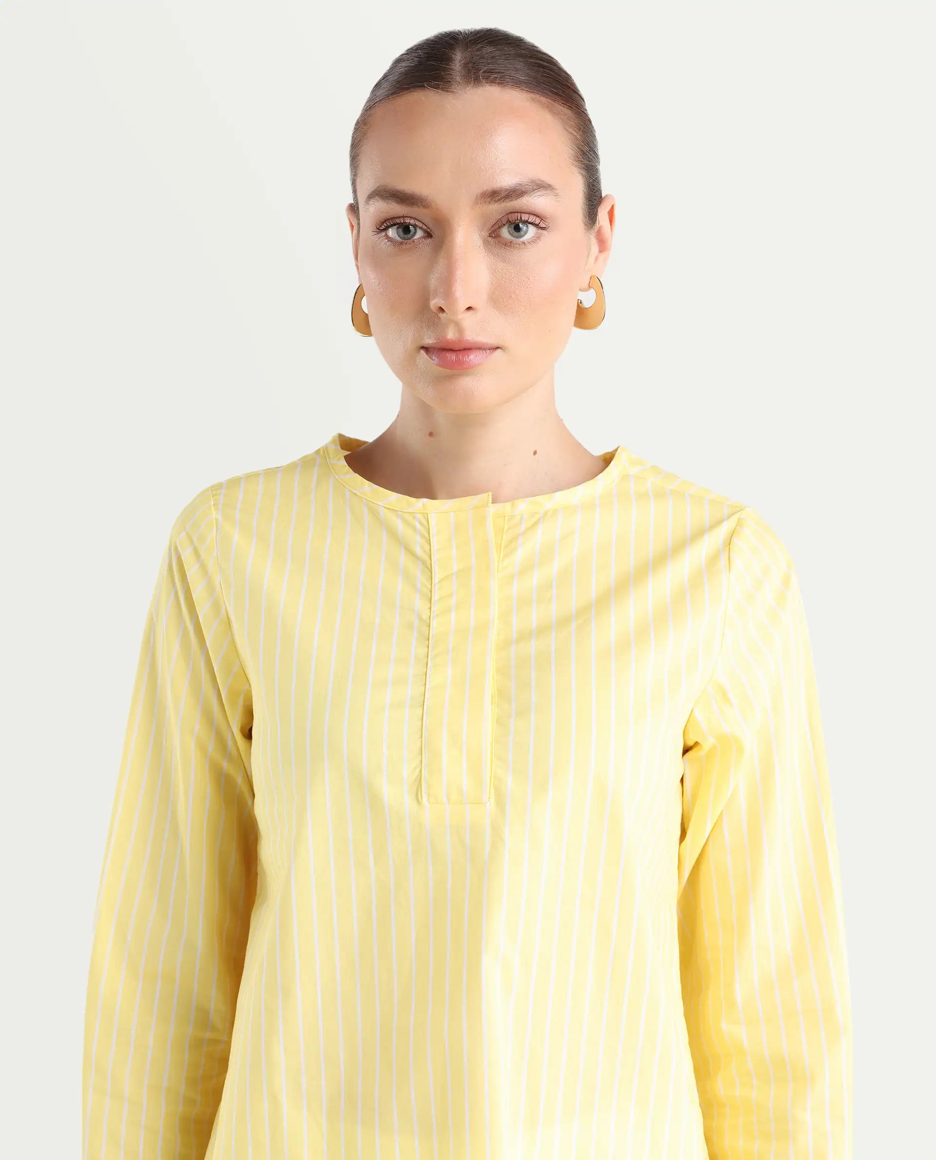 Rareism Women's Zelma Yellow Cotton Crew Neck Striped Cuffed Sleeve Regular Fit Top