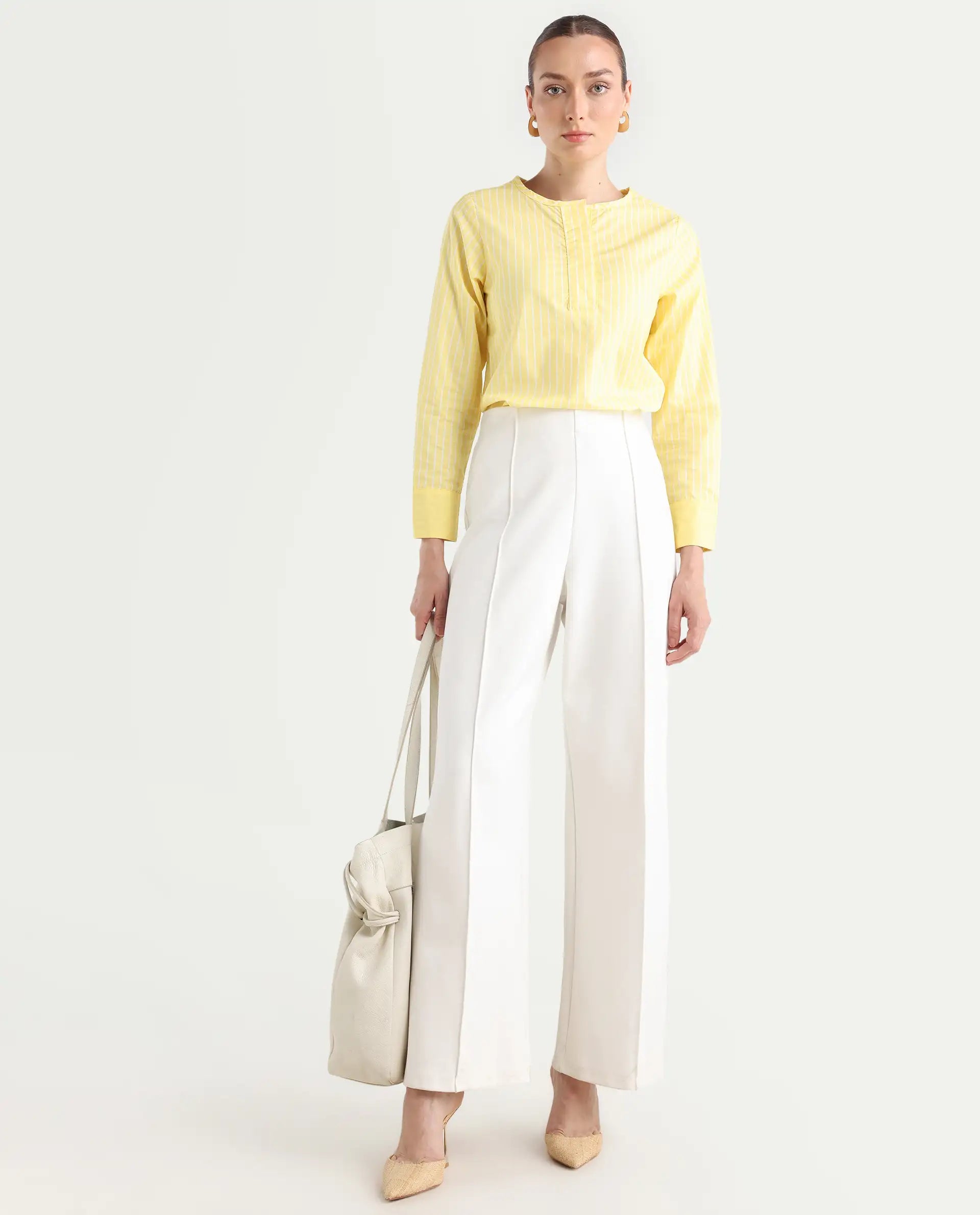 Rareism Women's Zelma Yellow Cotton Crew Neck Striped Cuffed Sleeve Regular Fit Top