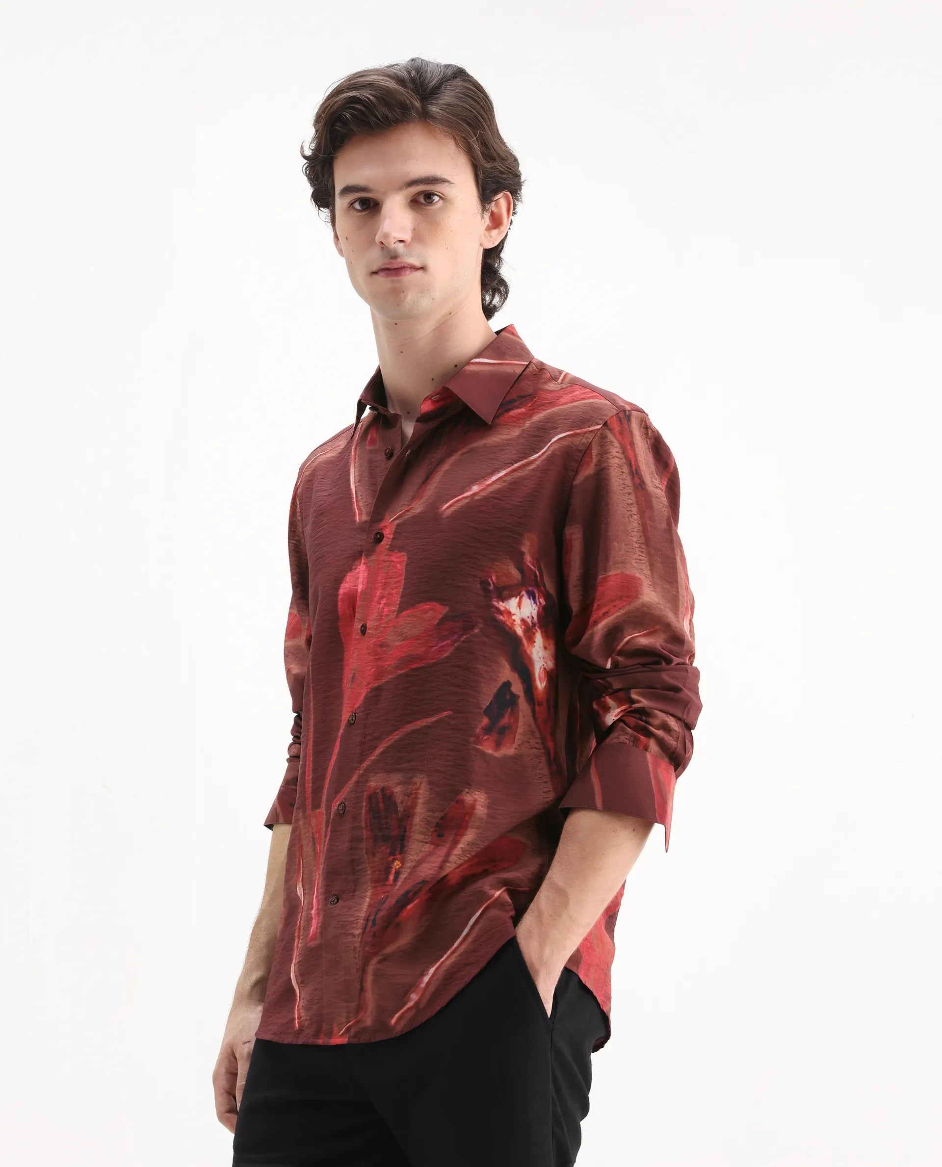 Rare Rabbit Men's Zelo Dusky Red Viscose Blend Floral Print Regular Fit Full Sleeve Collared Shirt