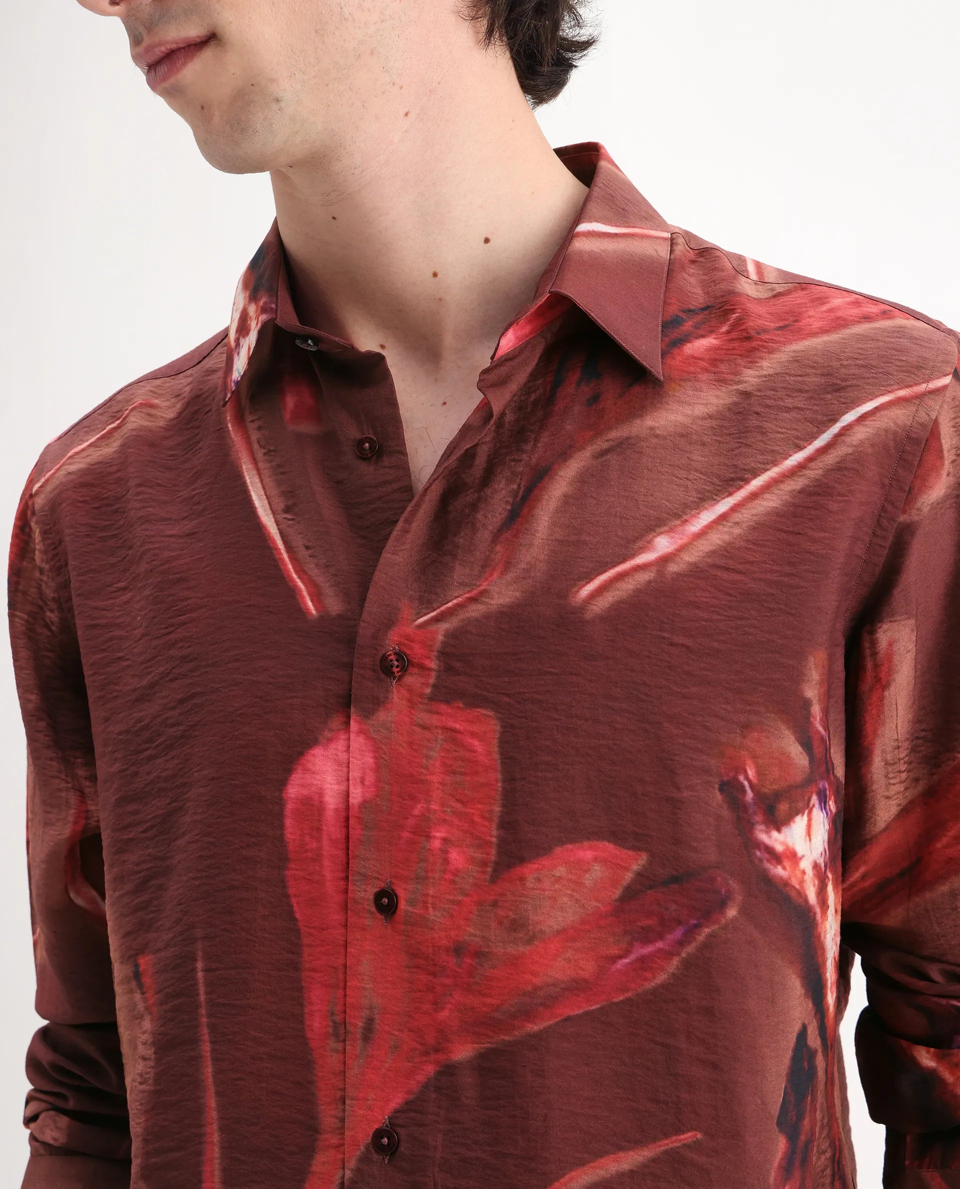 Rare Rabbit Men's Zelo Dusky Red Viscose Blend Floral Print Regular Fit Full Sleeve Collared Shirt