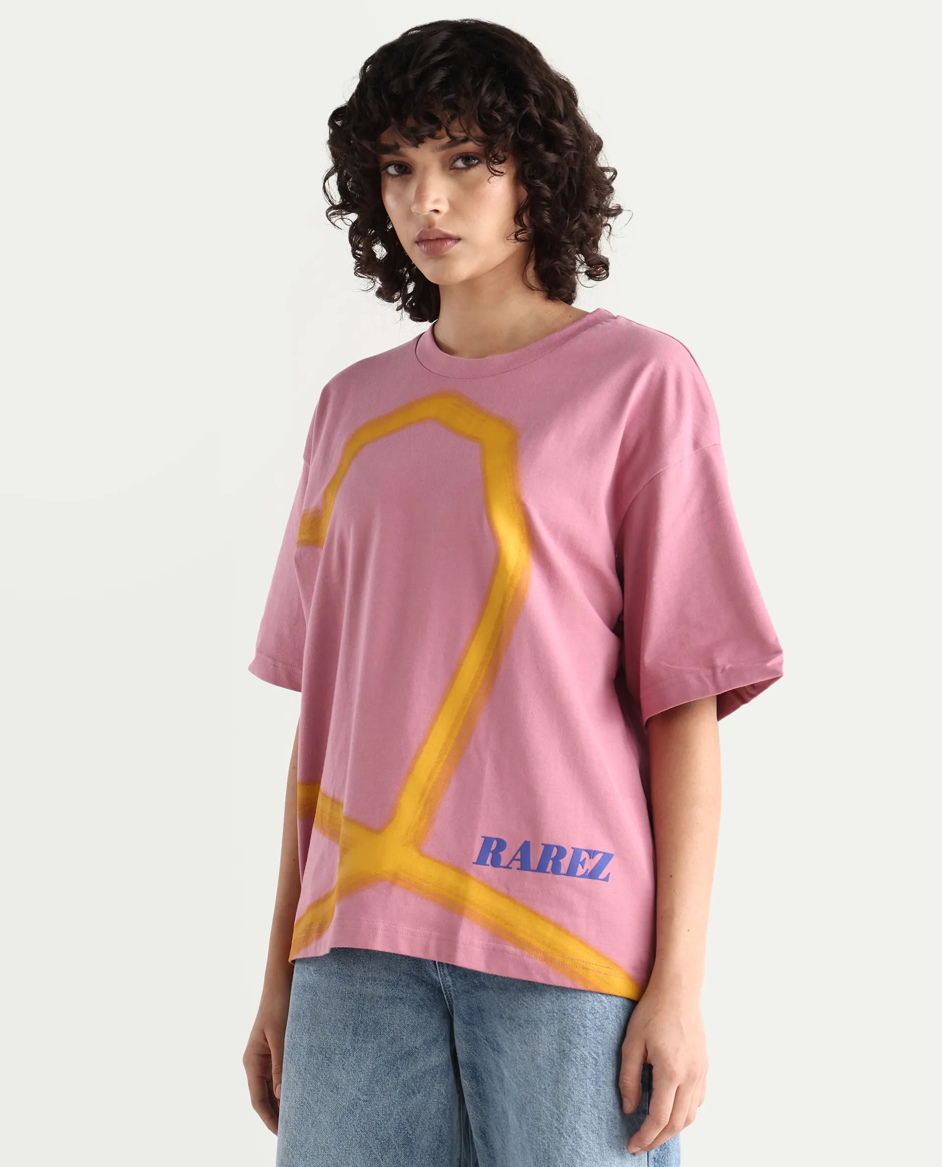 Rareism Women's Zelzo Pink Cotton Graphic Print Oversized T-Shirt