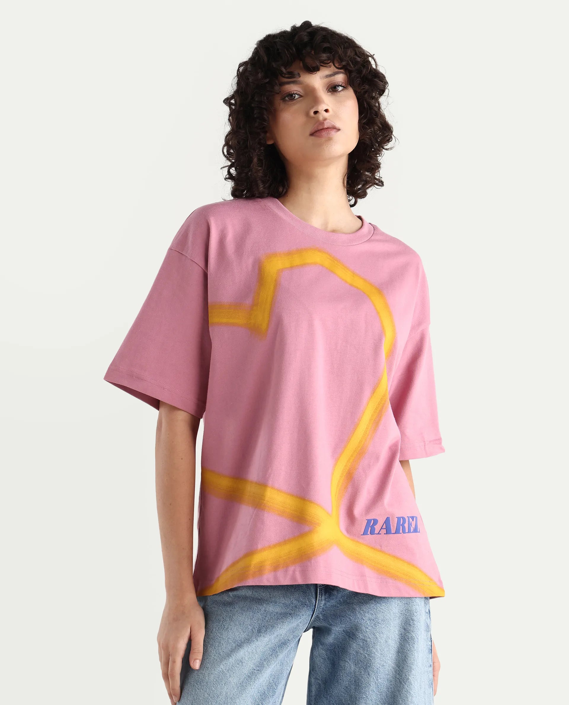 Rareism Women's Zelzo Pink Cotton Graphic Print Oversized T-Shirt
