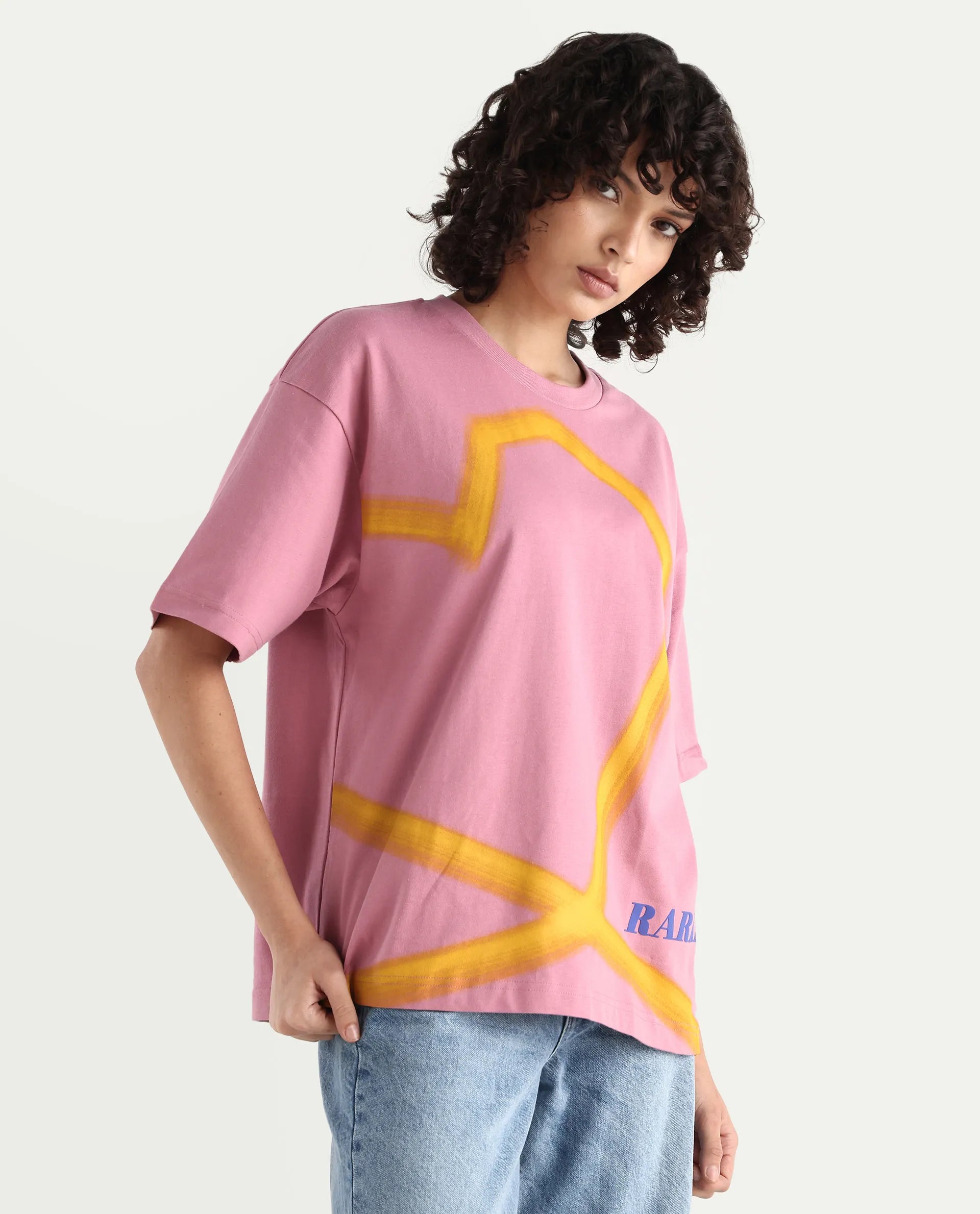 Rareism Women's Zelzo Pink Cotton Graphic Print Oversized T-Shirt