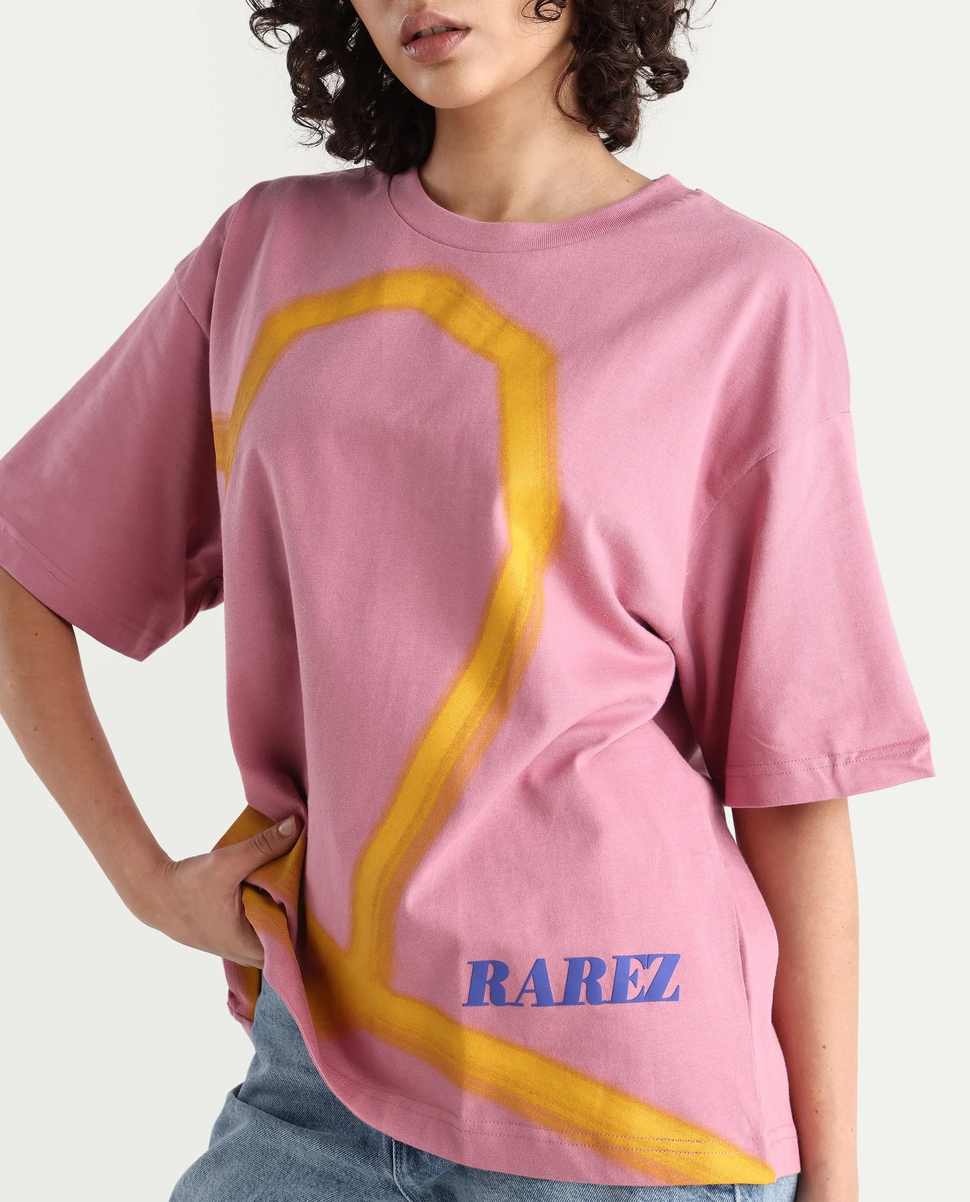 Rareism Women's Zelzo Pink Cotton Graphic Print Oversized T-Shirt