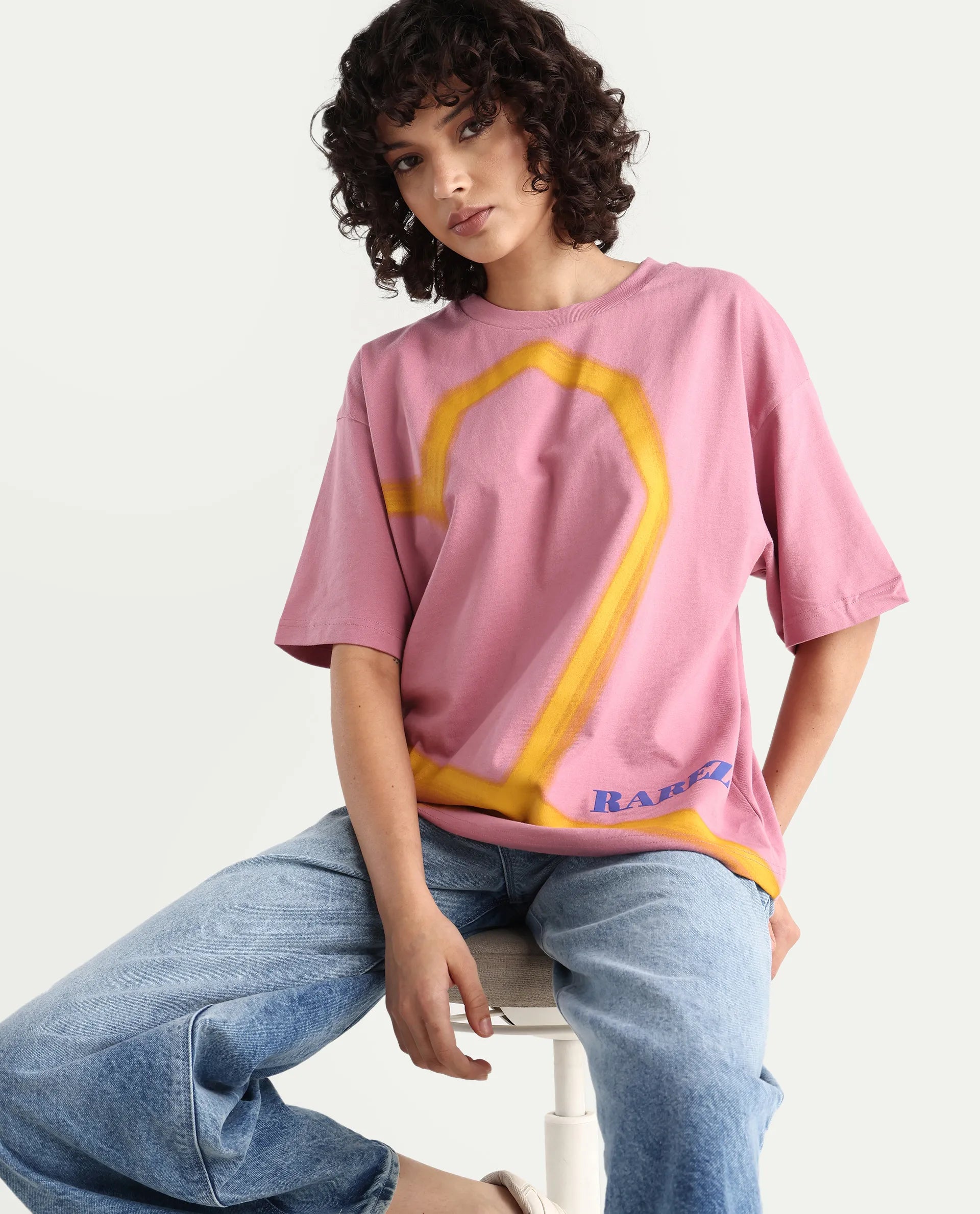 Rareism Women's Zelzo Pink Cotton Graphic Print Oversized T-Shirt