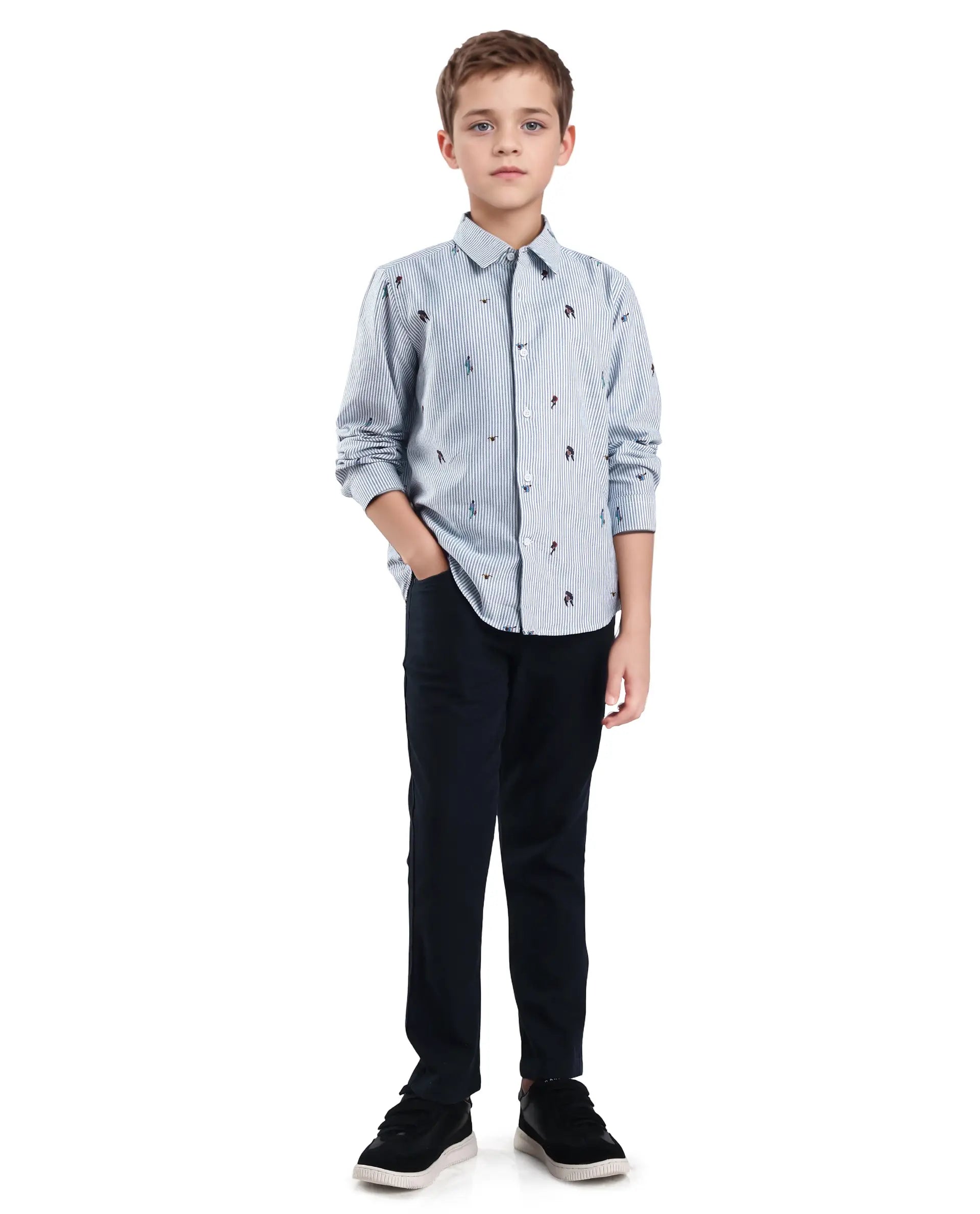 Rare Ones Kids Zeme Blue Cotton Button Closure Spread Collar Printed Full Sleeves Regular Fit Shirt