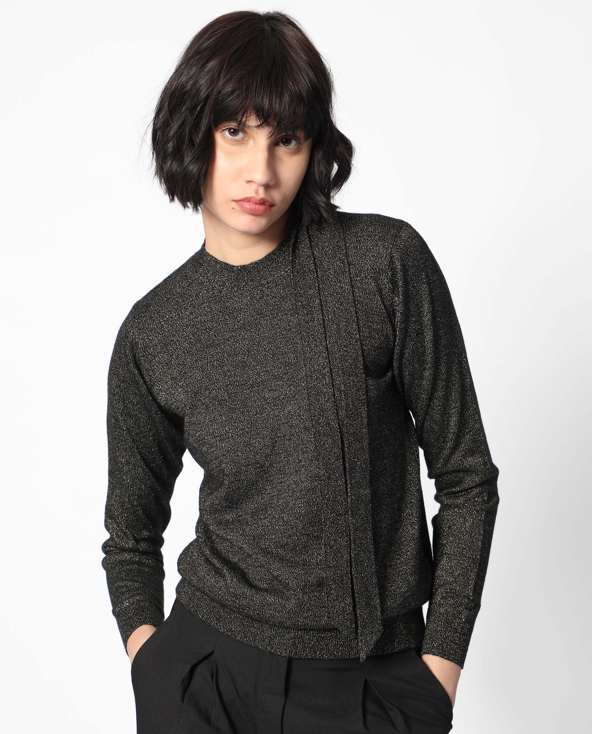 Rareism Women Zener Black Acrylic Fabric Full Sleeves Regular Fit Solid High Neck Sweater