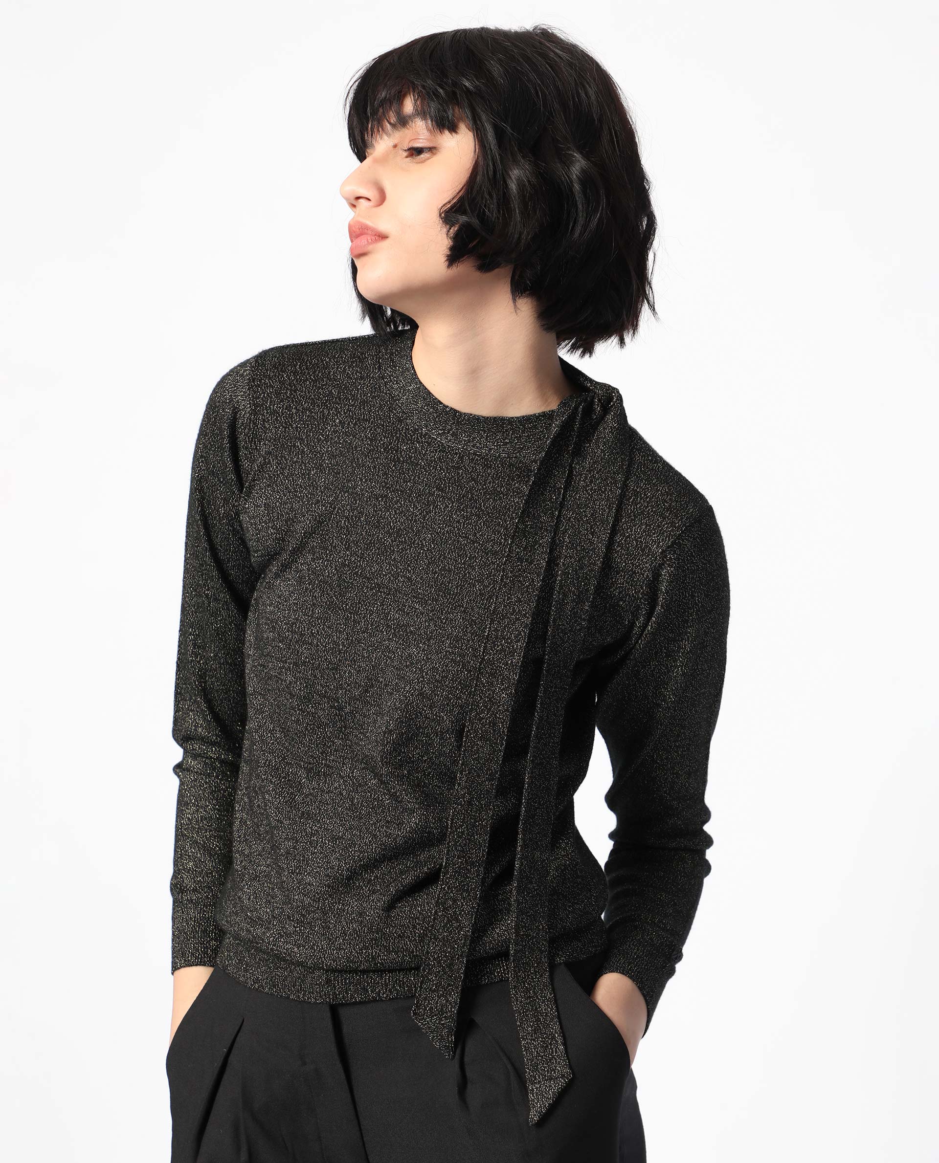 Rareism Women Zener Black Acrylic Fabric Full Sleeves Regular Fit Solid High Neck Sweater