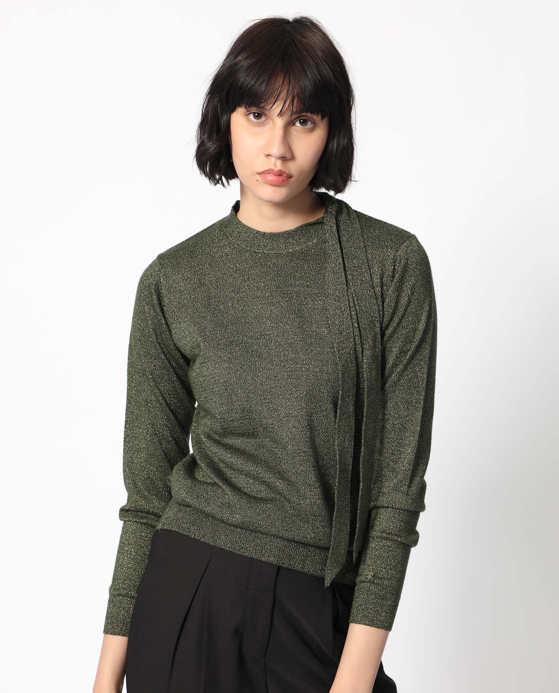 Rareism Women Zener Green Acrylic Fabric Full Sleeves Regular Fit Solid High Neck Sweater