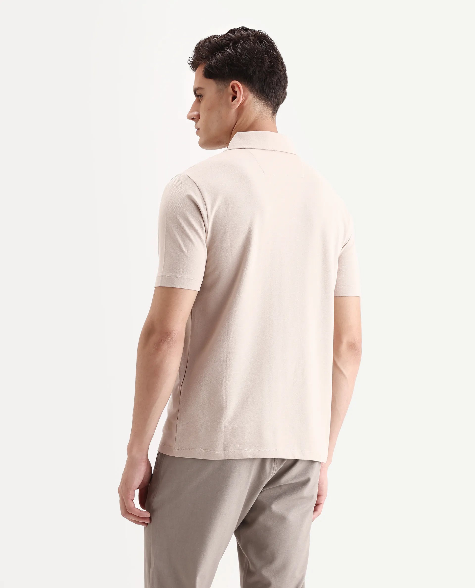 Rare Rabbit Men's Zeni-A25 Dusky Beige Cotton Blend Plain Regular Fit Half Sleeve Polo