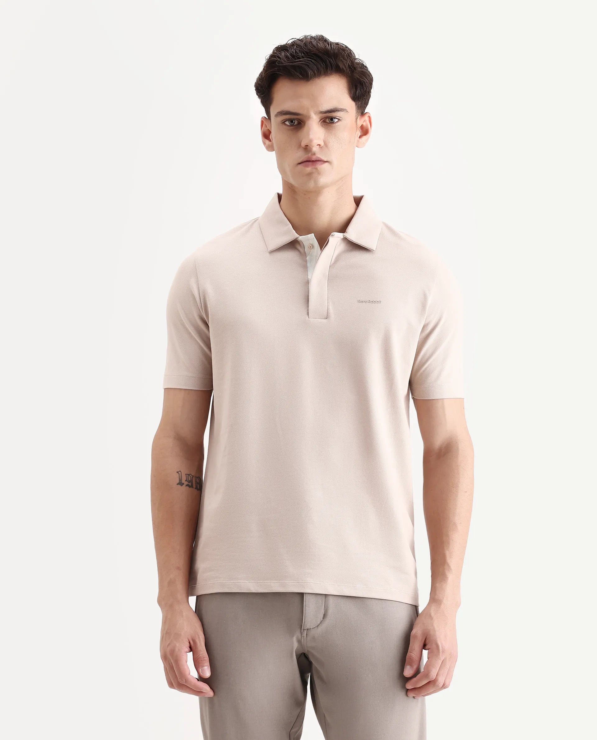 Rare Rabbit Men's Zeni-A25 Dusky Beige Cotton Blend Plain Regular Fit Half Sleeve Polo