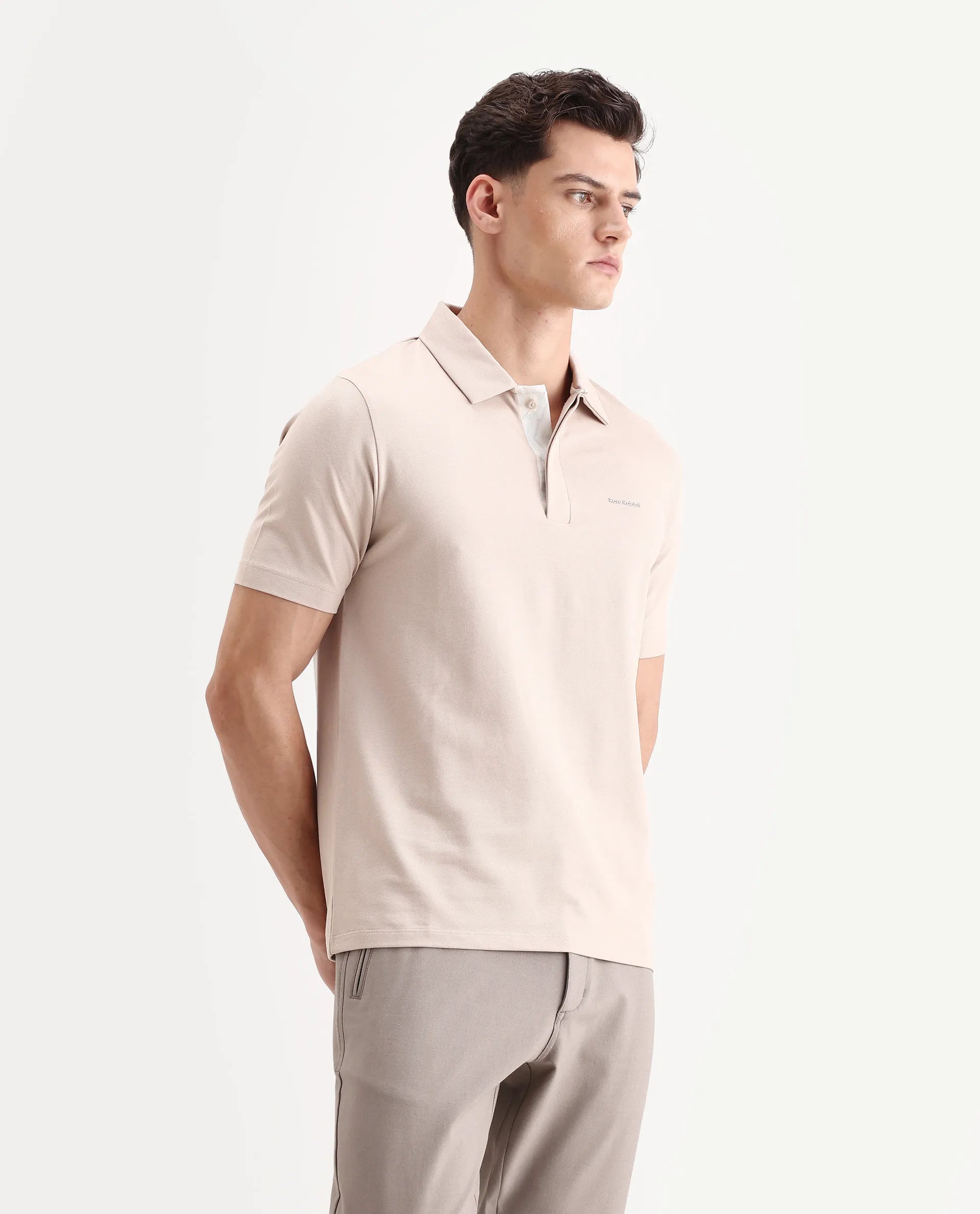 Rare Rabbit Men's Zeni-A25 Dusky Beige Cotton Blend Plain Regular Fit Half Sleeve Polo