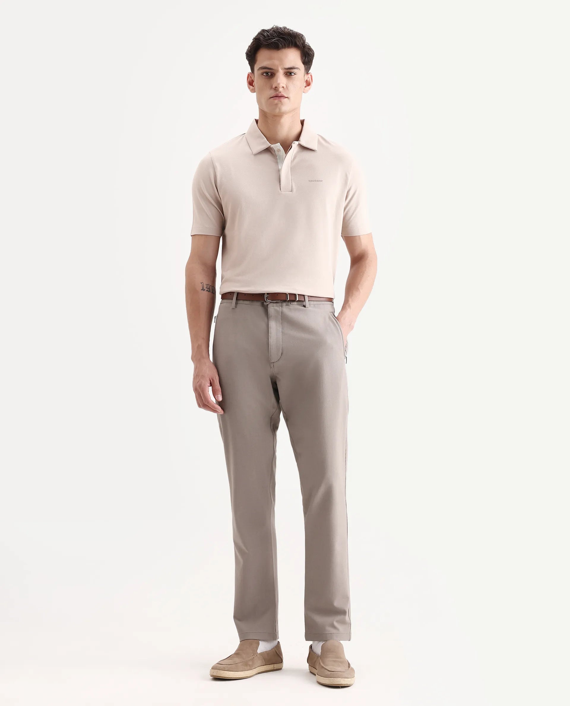 Rare Rabbit Men's Zeni-A25 Dusky Beige Cotton Blend Plain Regular Fit Half Sleeve Polo