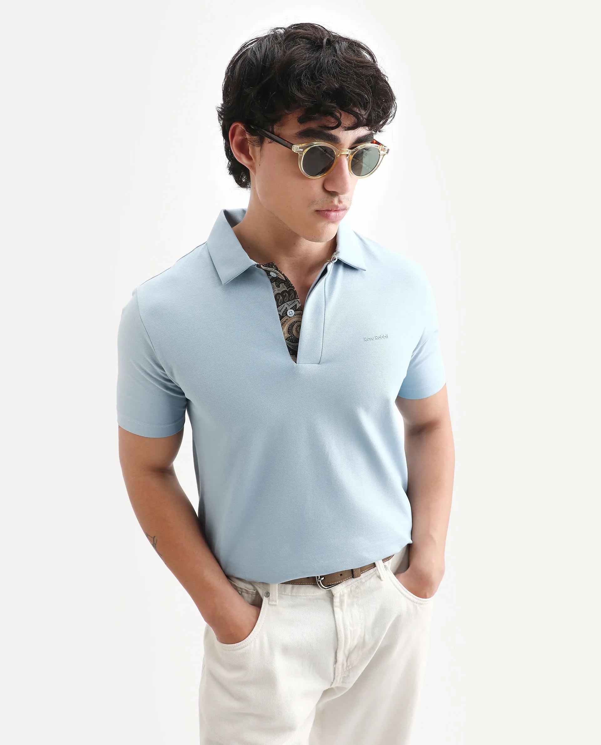 Rare Rabbit Men's Zeni-A25 Dusky Blue Cotton Blend Plain Regular Fit Half Sleeve Polo