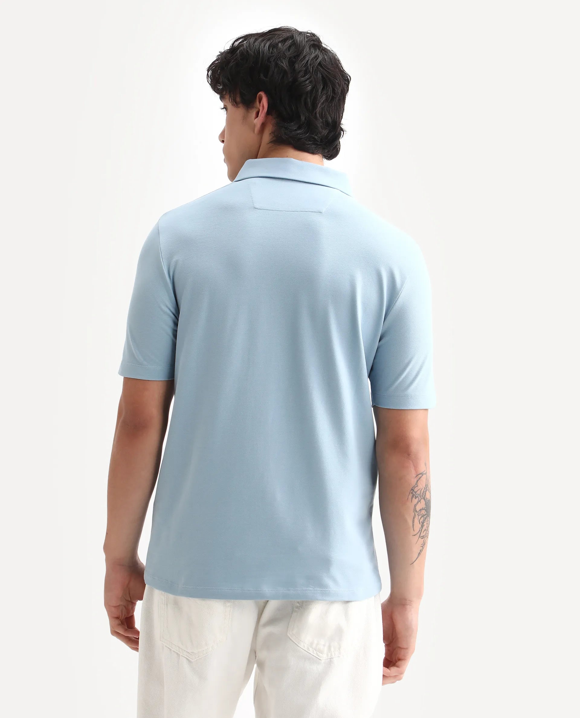 Rare Rabbit Men's Zeni-A25 Dusky Blue Cotton Blend Plain Regular Fit Half Sleeve Polo