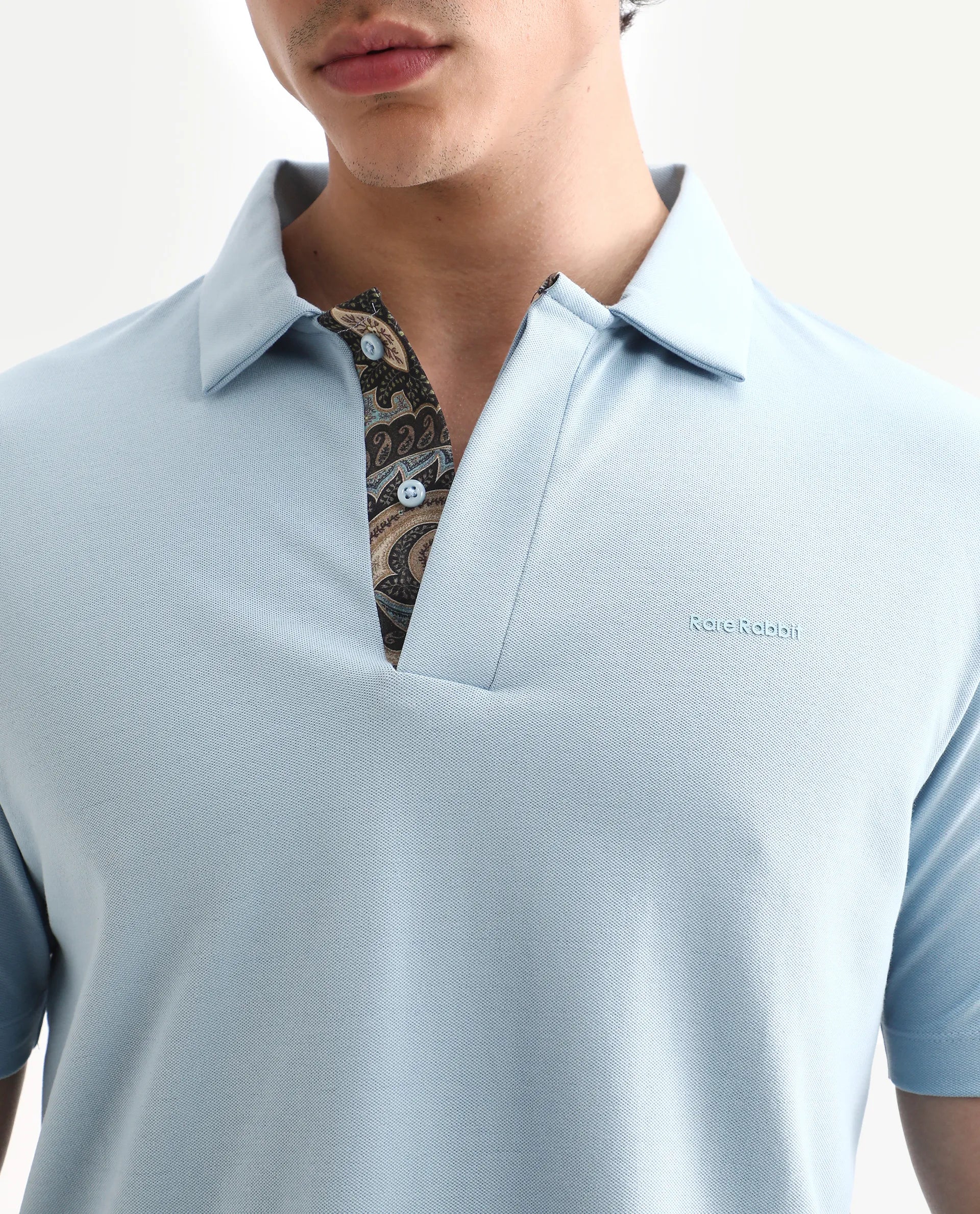 Rare Rabbit Men's Zeni-A25 Dusky Blue Cotton Blend Plain Regular Fit Half Sleeve Polo