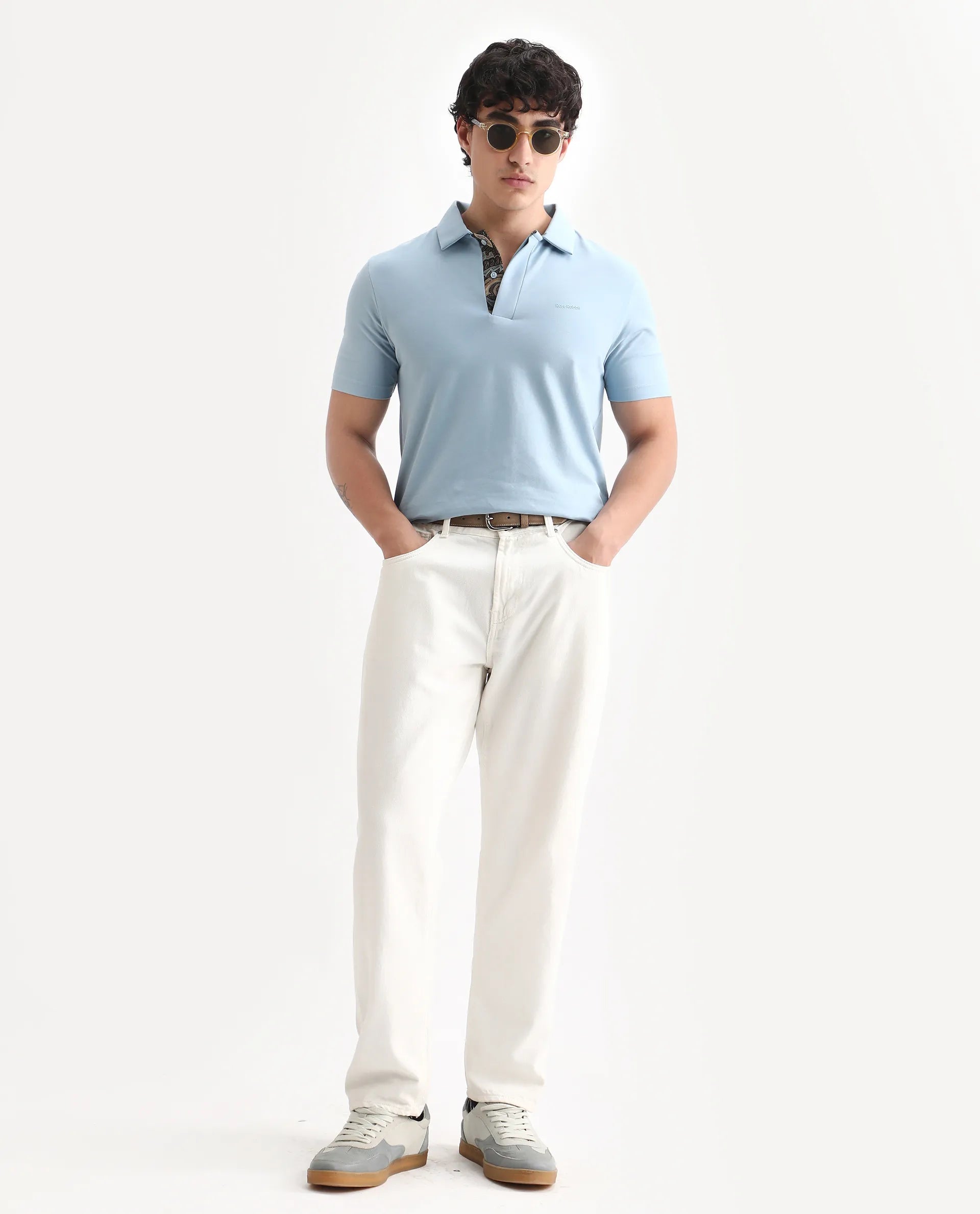 Rare Rabbit Men's Zeni-A25 Dusky Blue Cotton Blend Plain Regular Fit Half Sleeve Polo