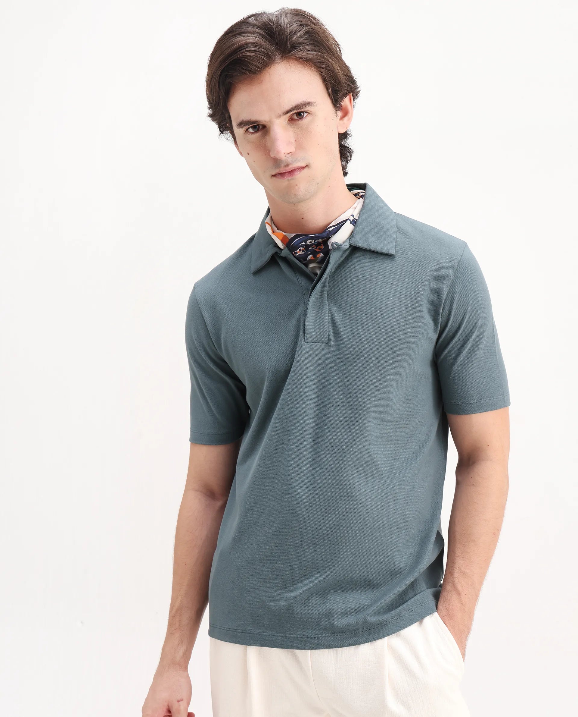 Rare Rabbit Men's Zeni Dusky Green Cotton Plain Regular Fit Half Sleeve Polo