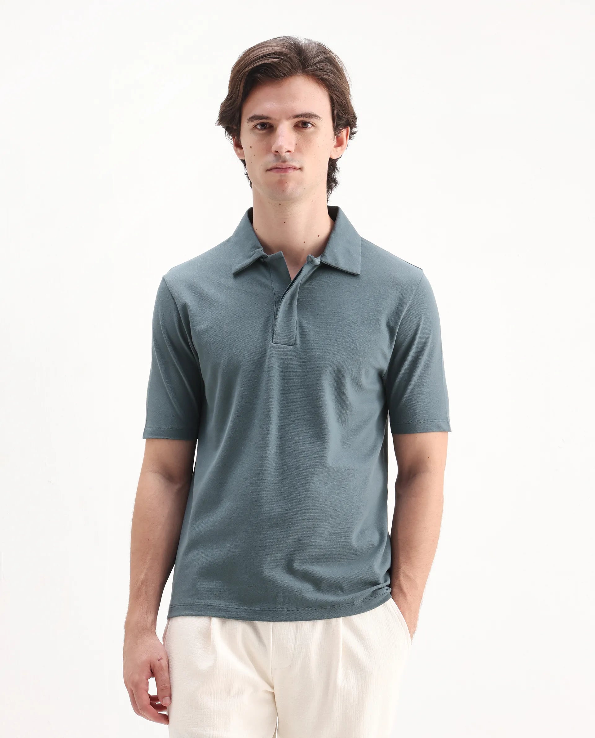 Rare Rabbit Men's Zeni Dusky Green Cotton Plain Regular Fit Half Sleeve Polo