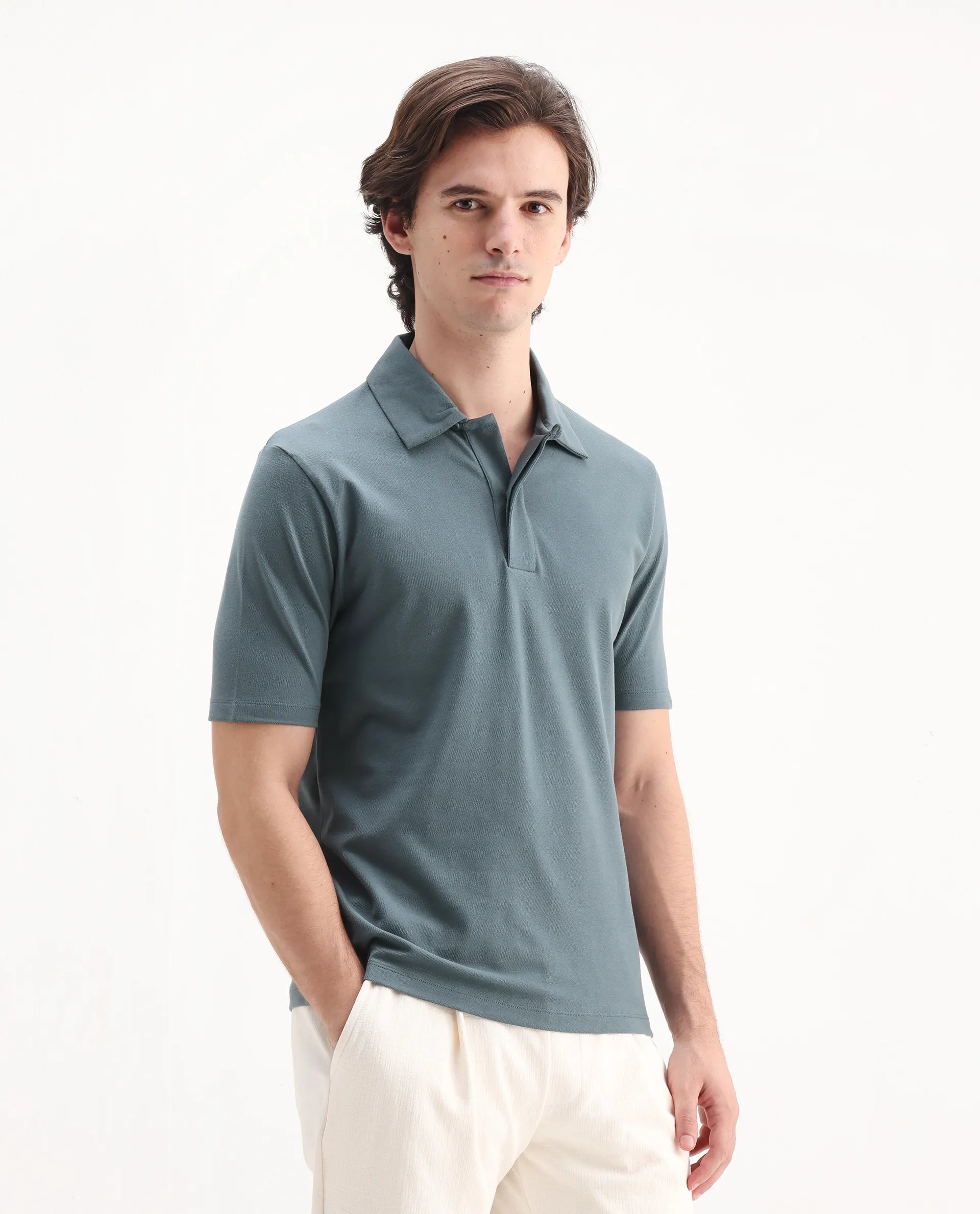 Rare Rabbit Men's Zeni Dusky Green Cotton Plain Regular Fit Half Sleeve Polo