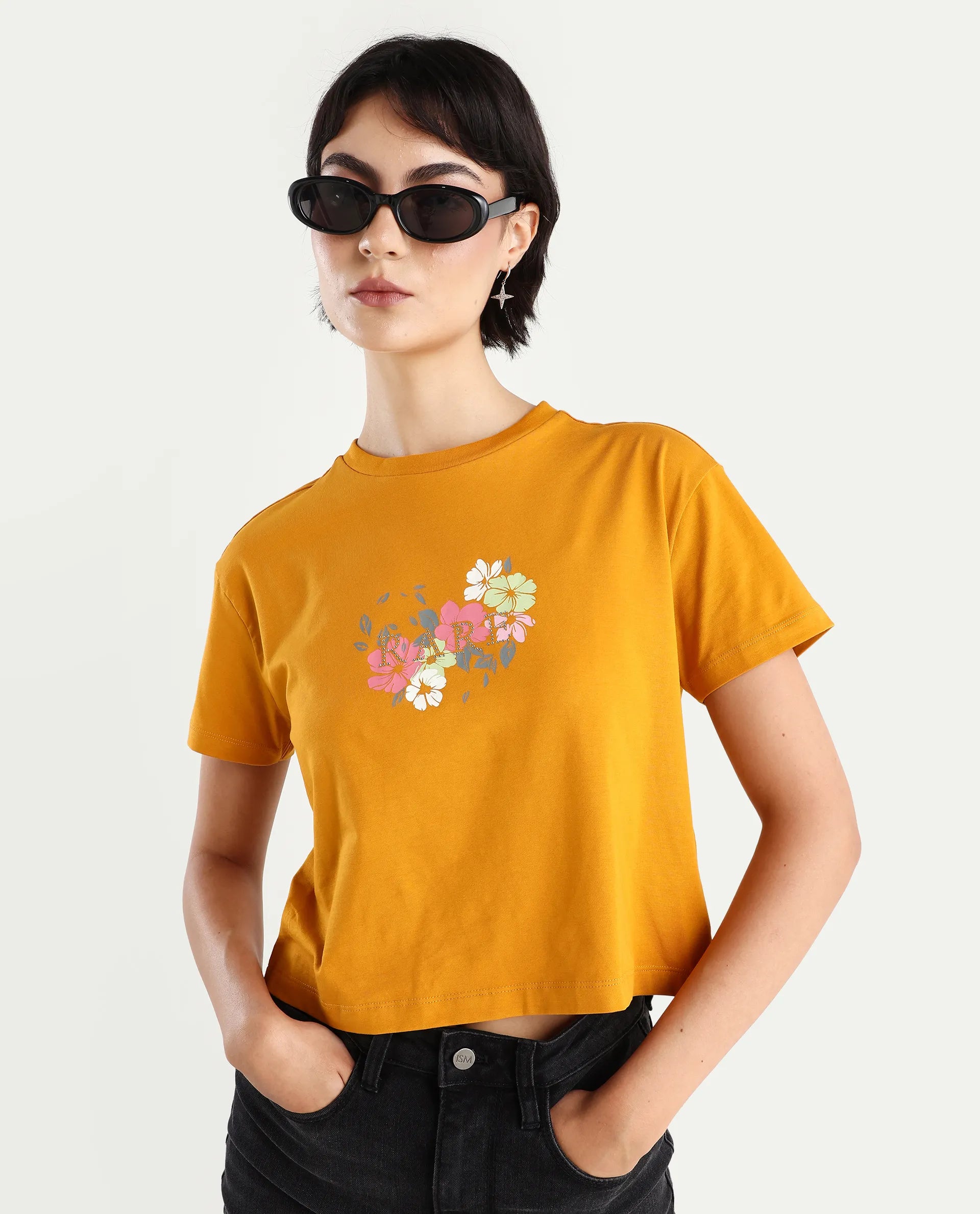 Rareism Women's Zenith Dark Mustard Cotton Blend Crew Neck Graphic Print Crop Relaxed Fit T-Shirt