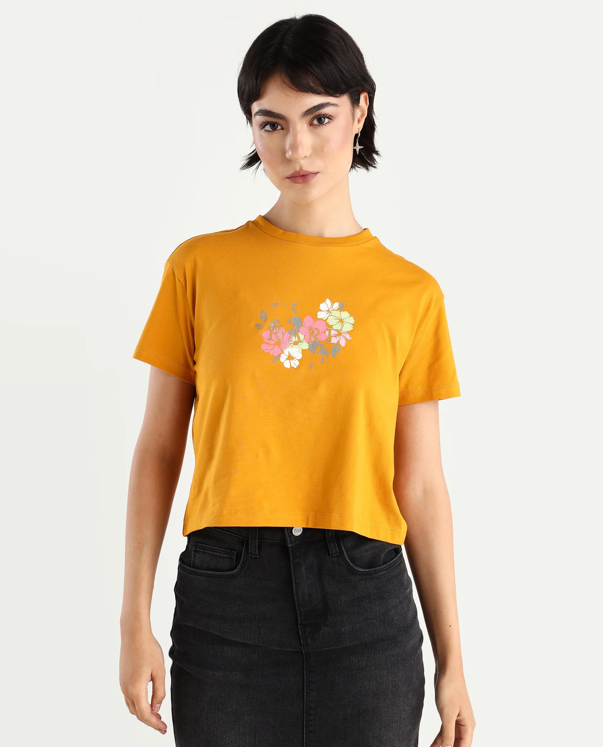 Rareism Women's Zenith Dark Mustard Cotton Blend Crew Neck Graphic Print Crop Relaxed Fit T-Shirt
