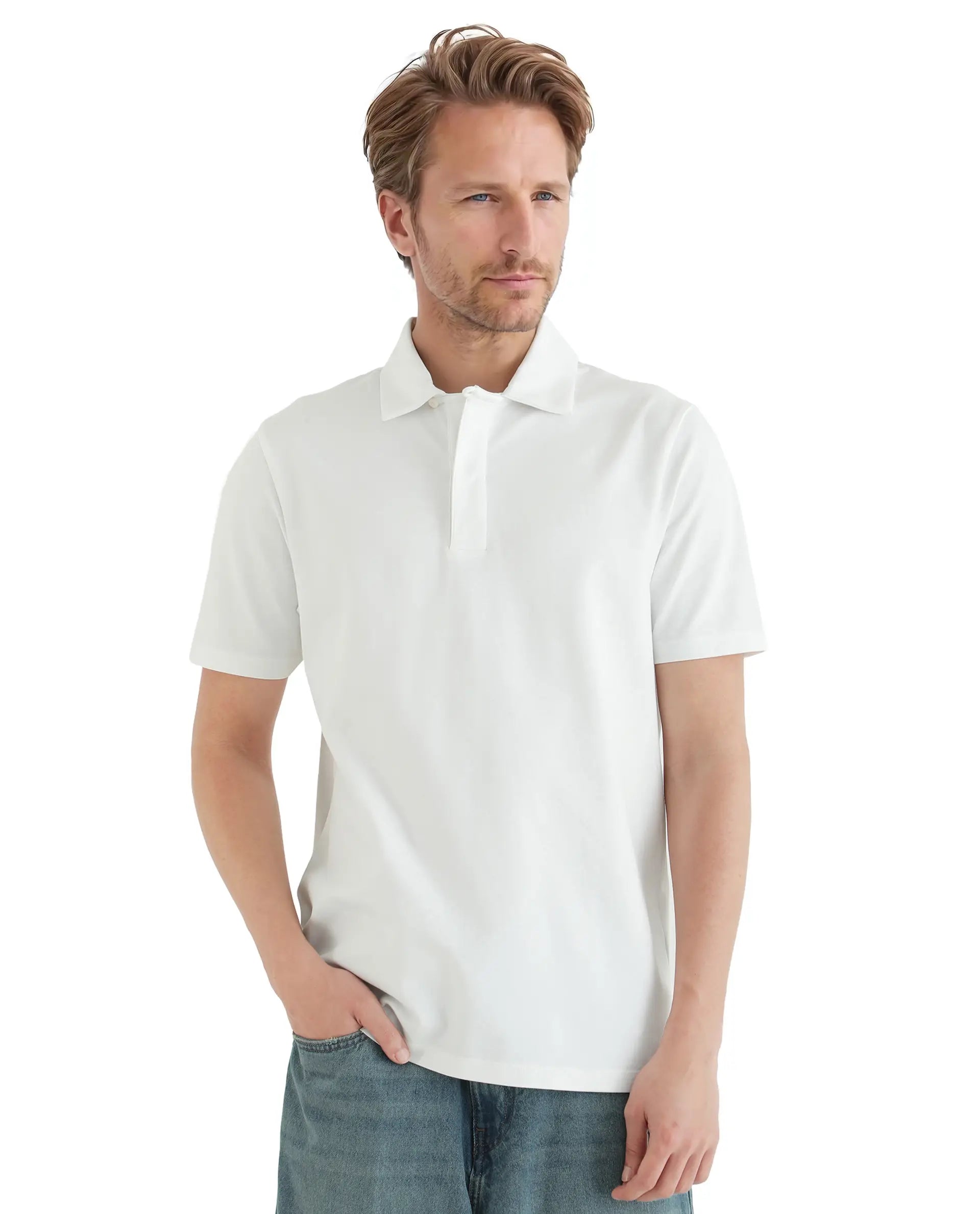 Rare Rabbit Men Zeni White Cotton Lycra Fabric Short Sleeve Regular Fit Button Closure Plain Polo