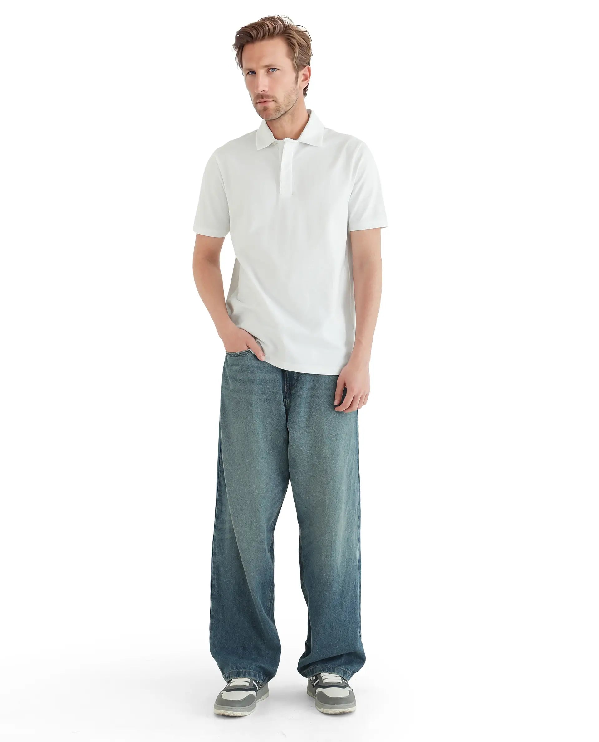 Rare Rabbit Men Zeni White Cotton Lycra Fabric Short Sleeve Regular Fit Button Closure Plain Polo