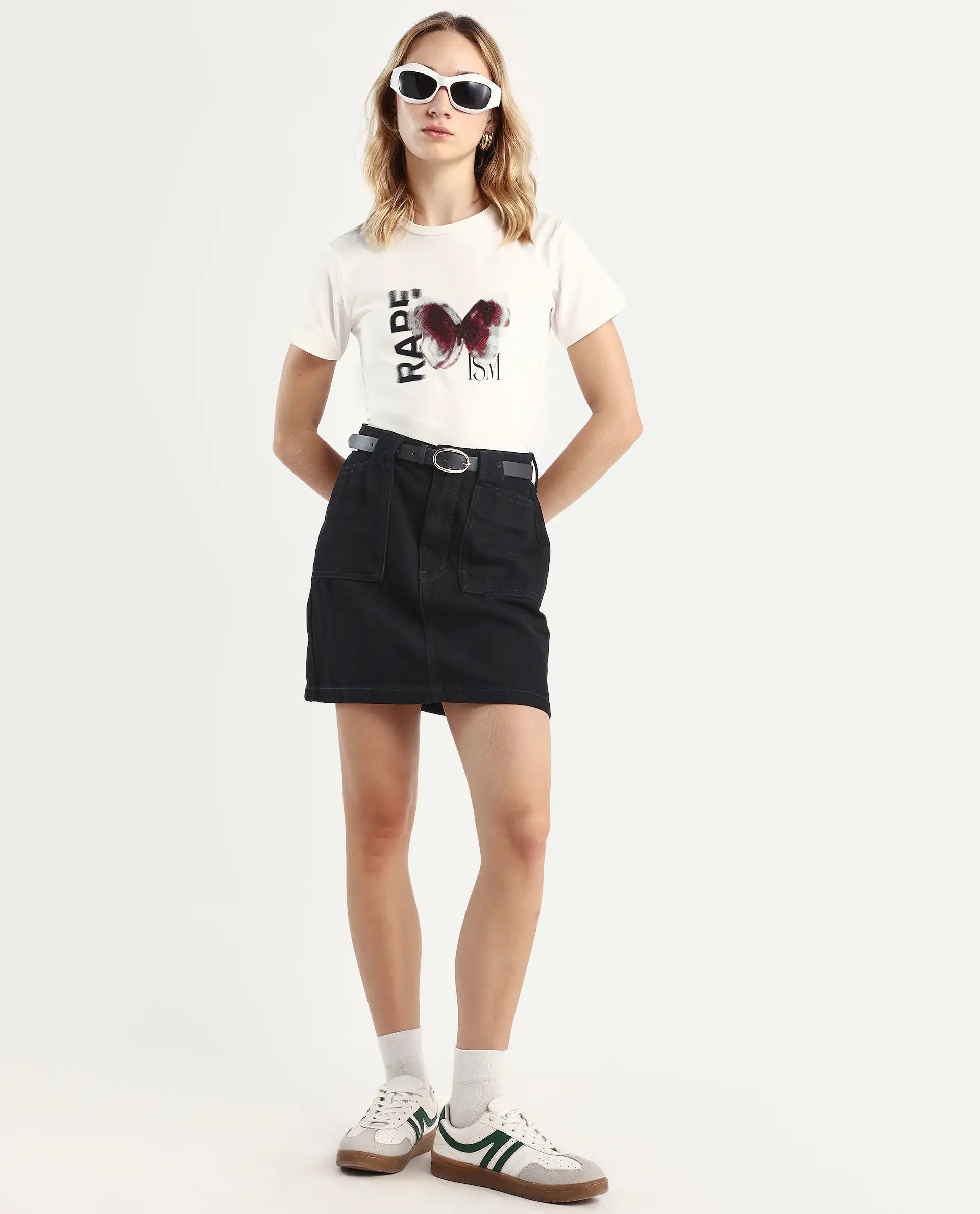 Rareism Women's Zenon Off White Cotton Blend Crew Neck Graphic Print Regular Fit T-Shirt