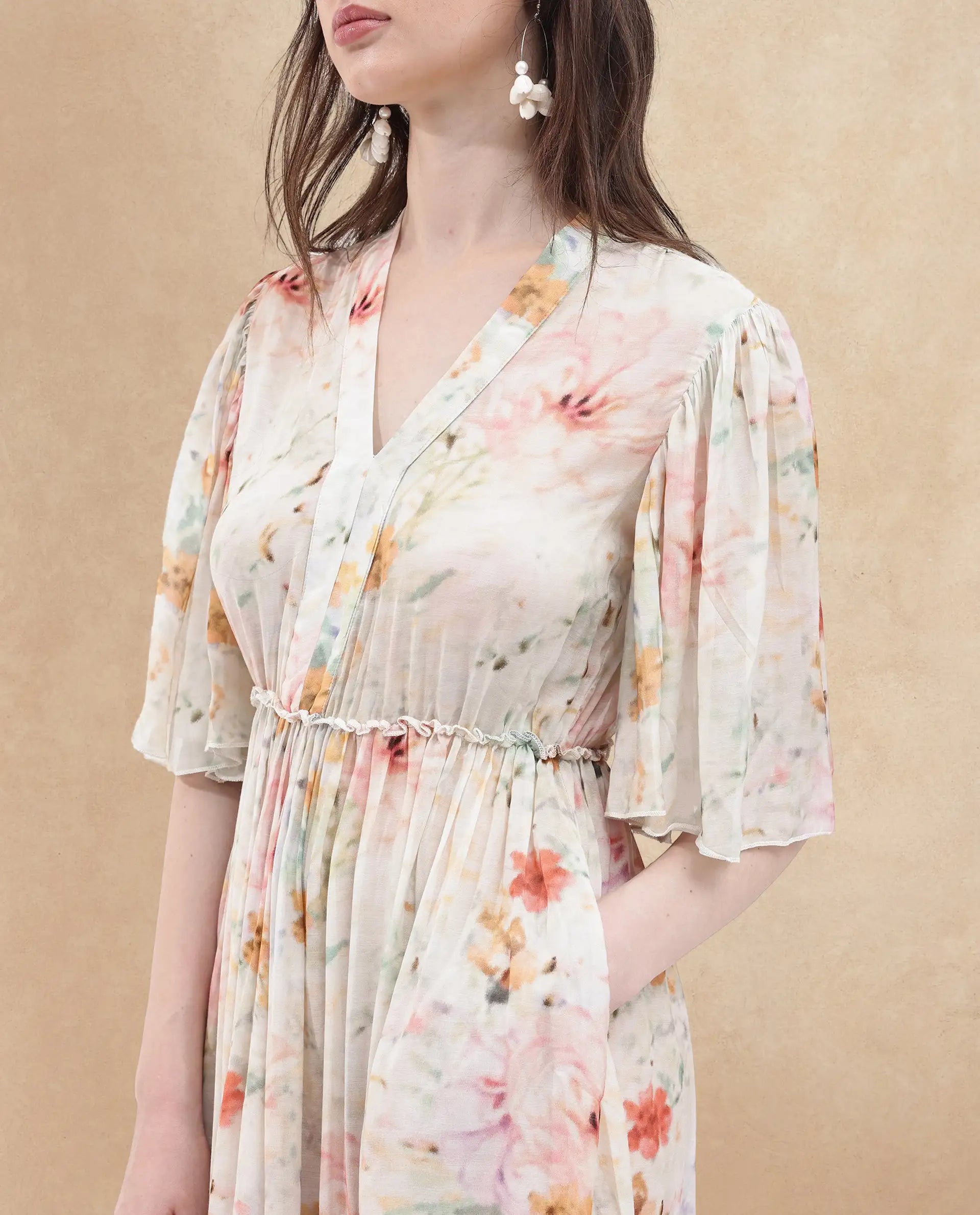 Rareism Women's Zenya Off White Polyester Blend V-Neck Floral Print Flared Sleeve Maxi Flared Dress