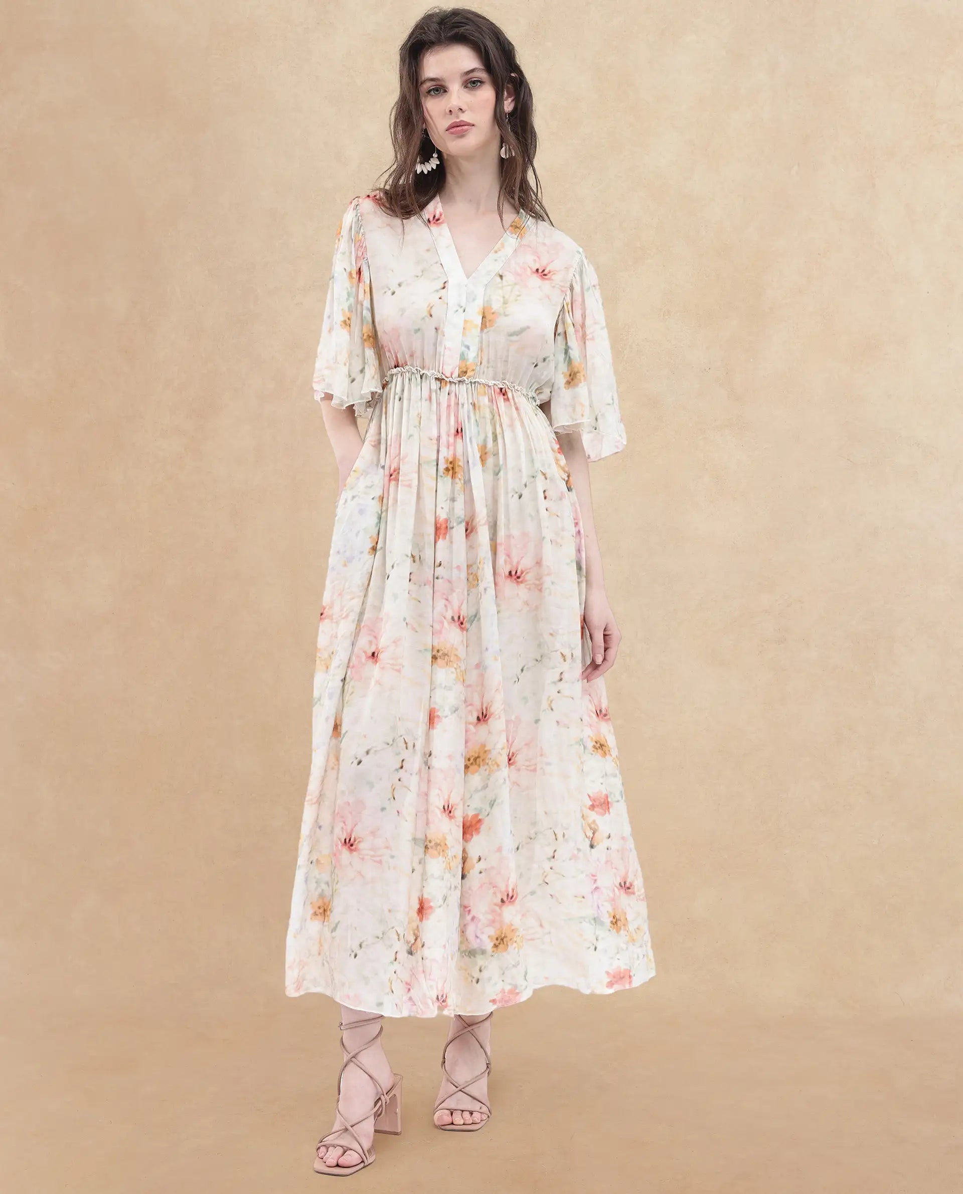 Rareism Women's Zenya Off White Polyester Blend V-Neck Floral Print Flared Sleeve Maxi Flared Dress