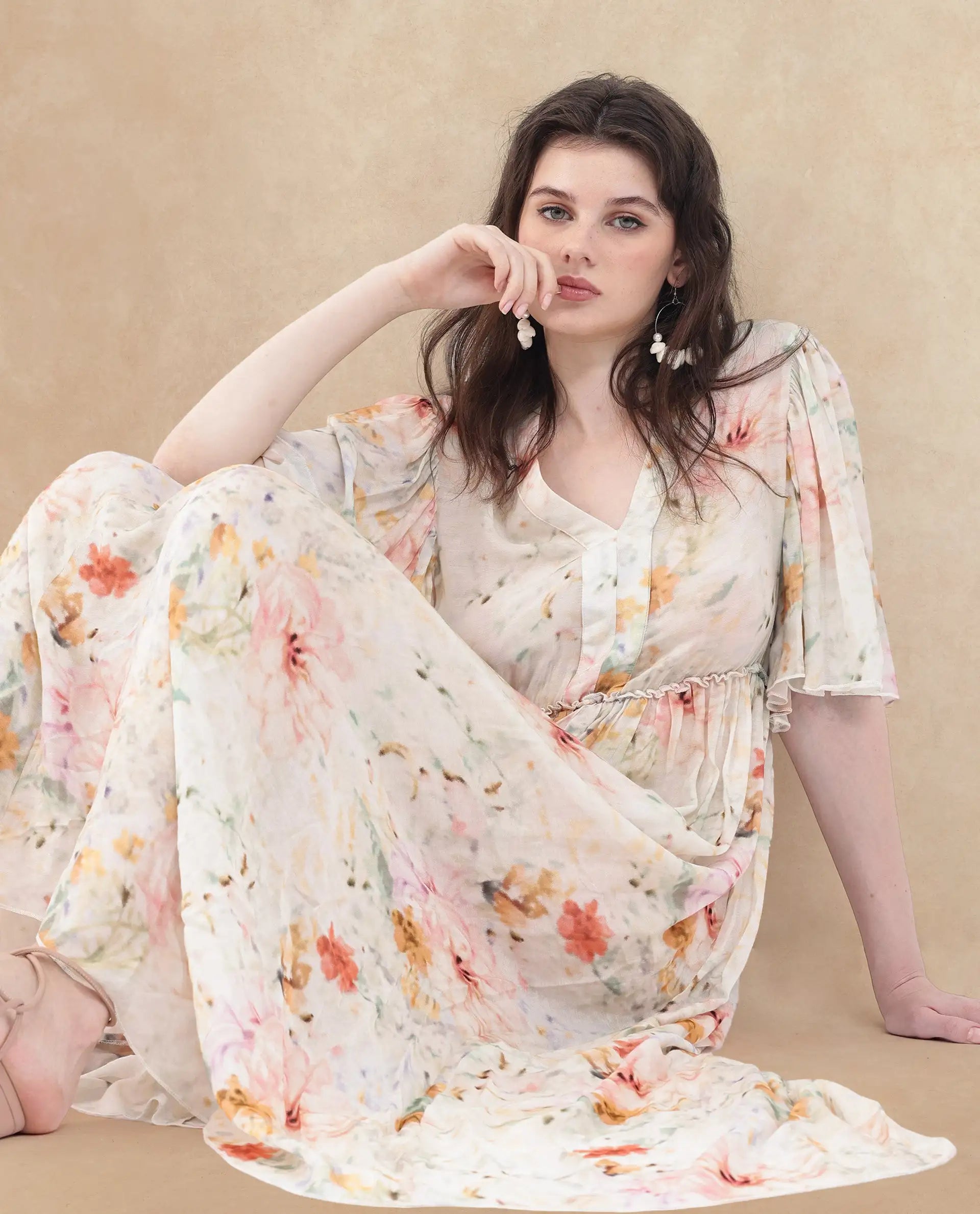 Rareism Women's Zenya Off White Polyester Blend V-Neck Floral Print Flared Sleeve Maxi Flared Dress