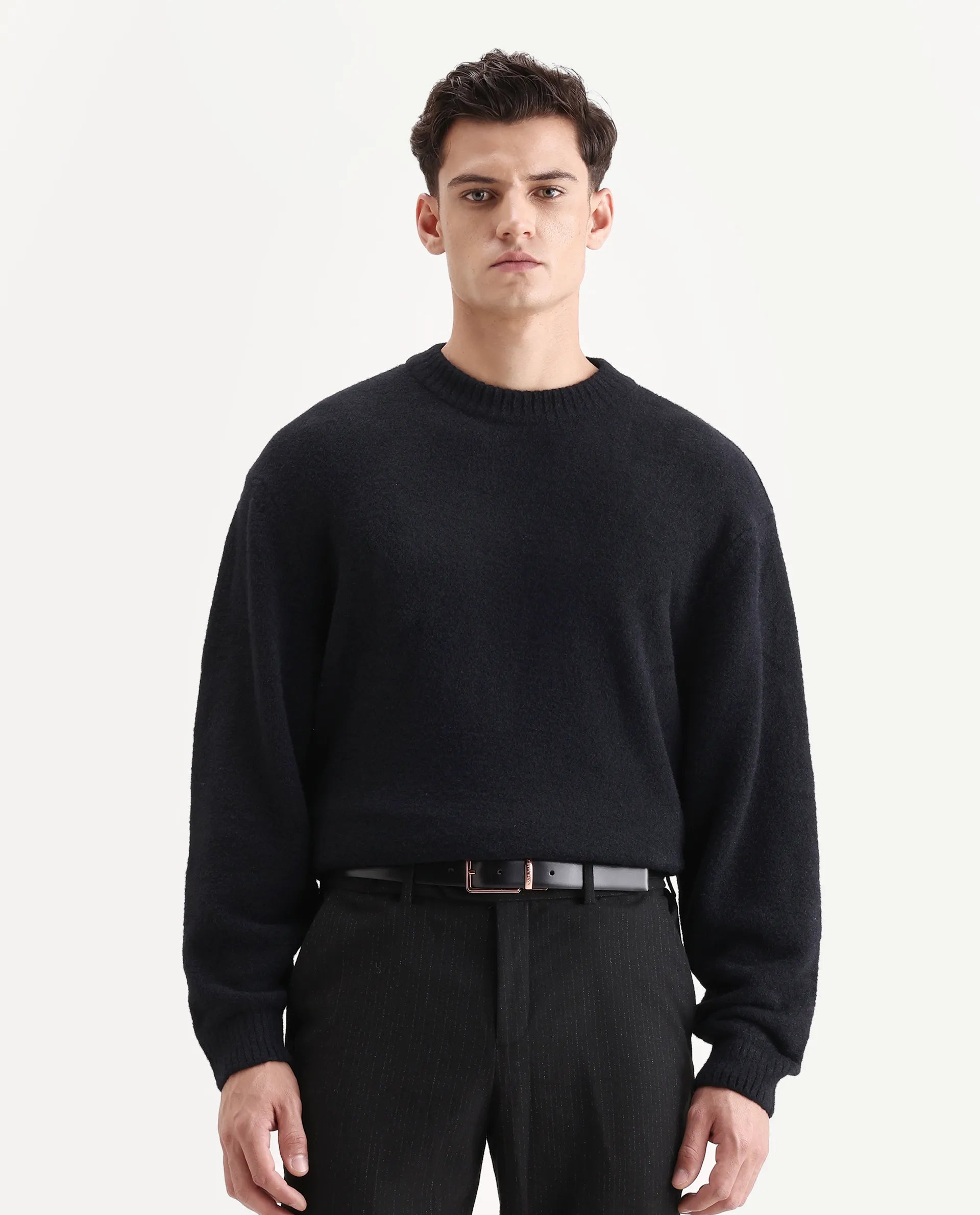 Rare Rabbit Men's Zeo-1 Black Nylon Plain Regular Fit Full Sleeve Crew Neck Sweater