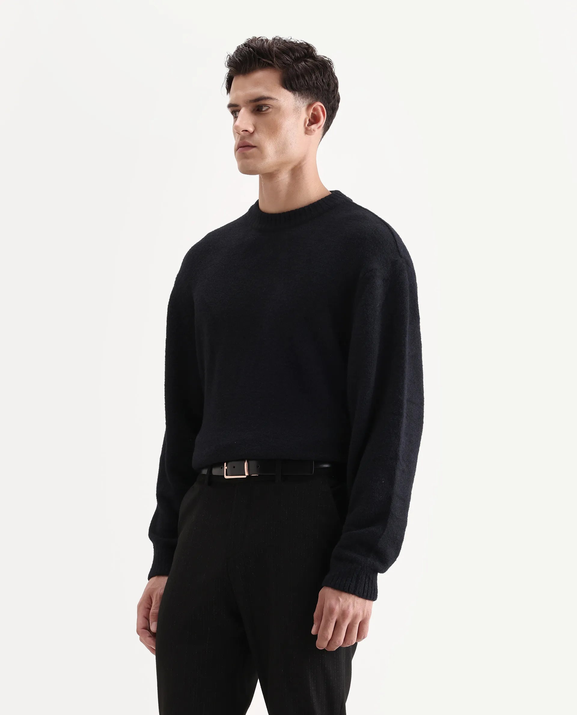 Rare Rabbit Men's Zeo-1 Black Nylon Plain Regular Fit Full Sleeve Crew Neck Sweater