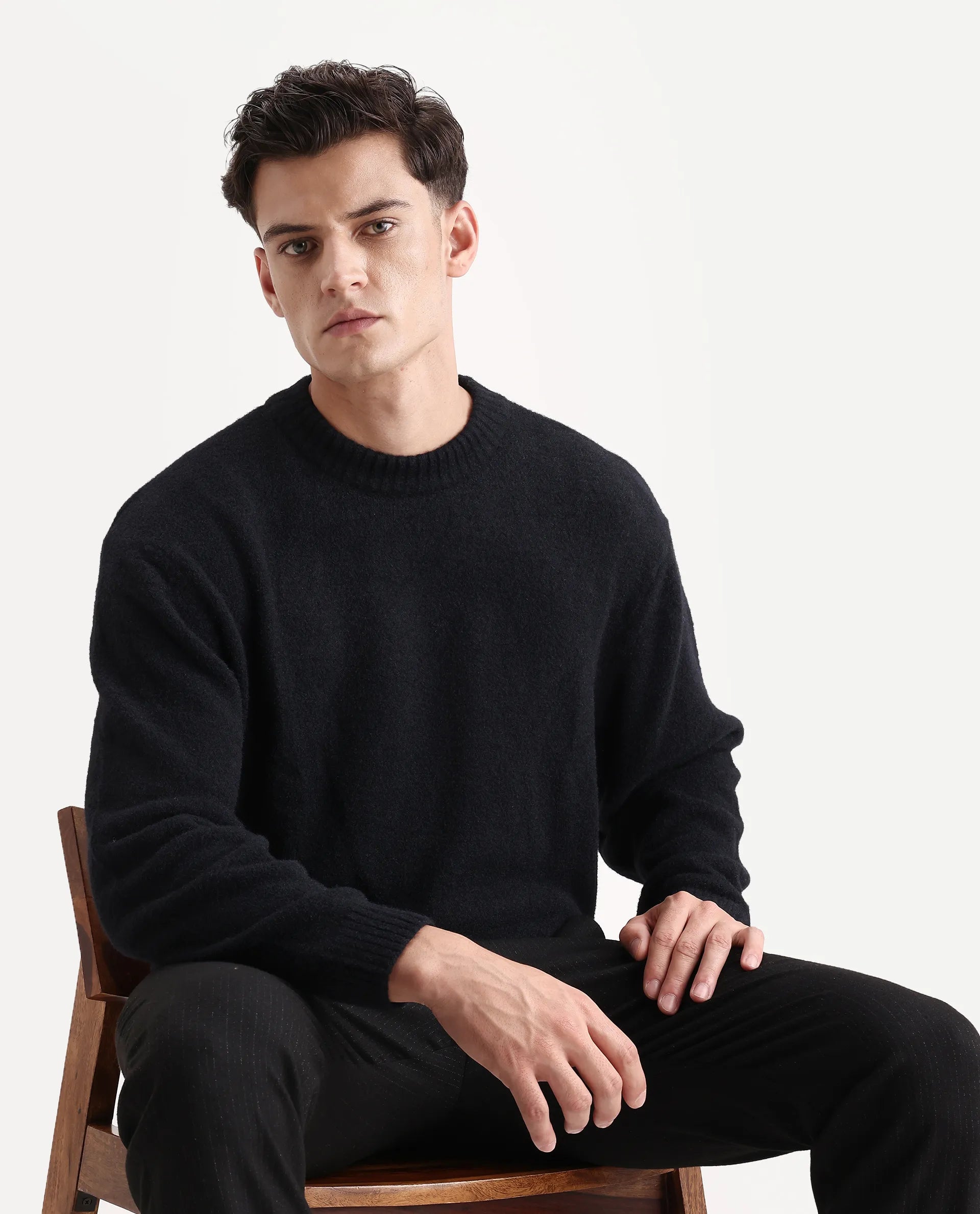 Rare Rabbit Men's Zeo-1 Black Nylon Plain Regular Fit Full Sleeve Crew Neck Sweater