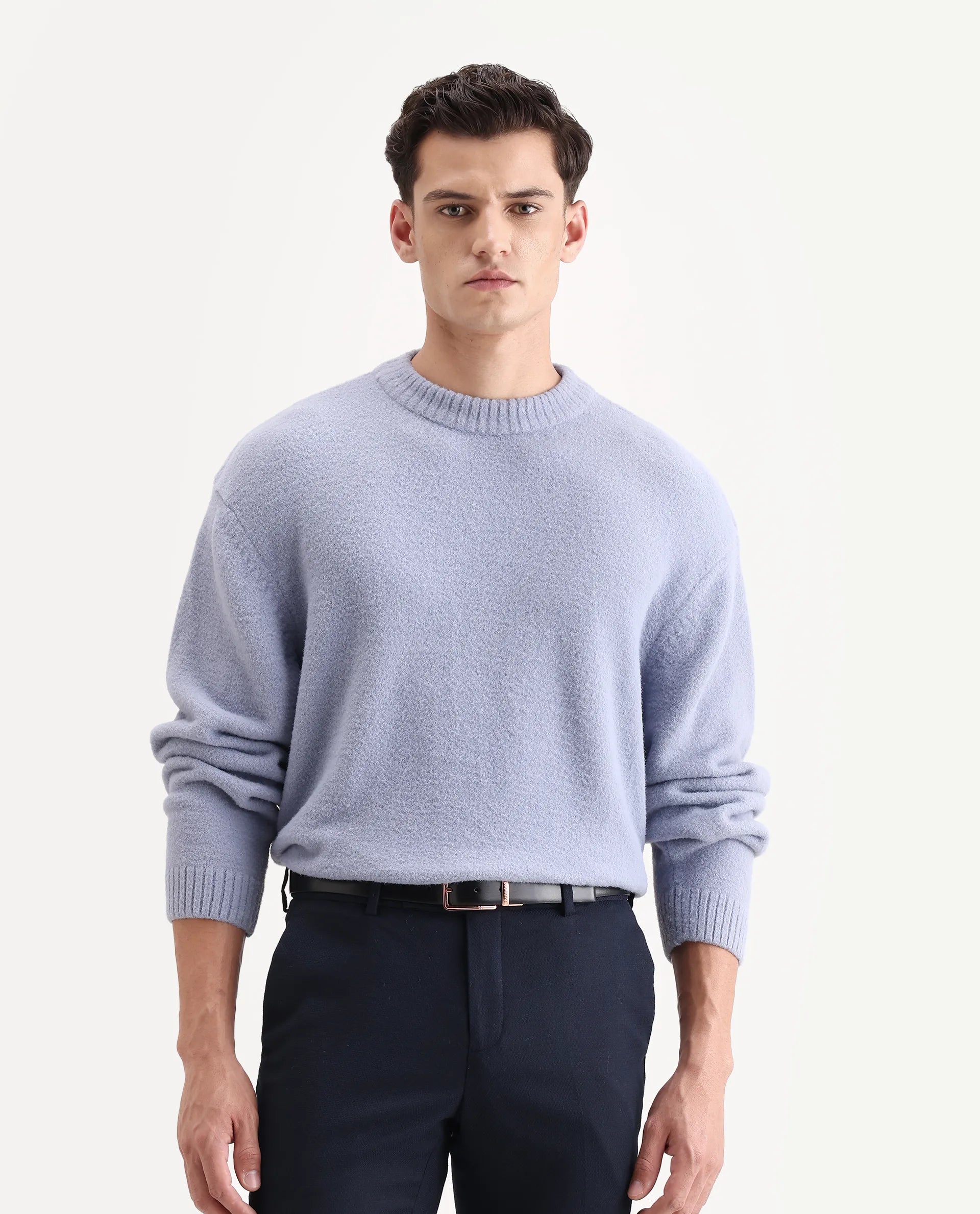 Rare Rabbit Men's Zeo 1 Light Grey Nylon Plain Regular Fit Full Sleeve Crew Neck Sweater