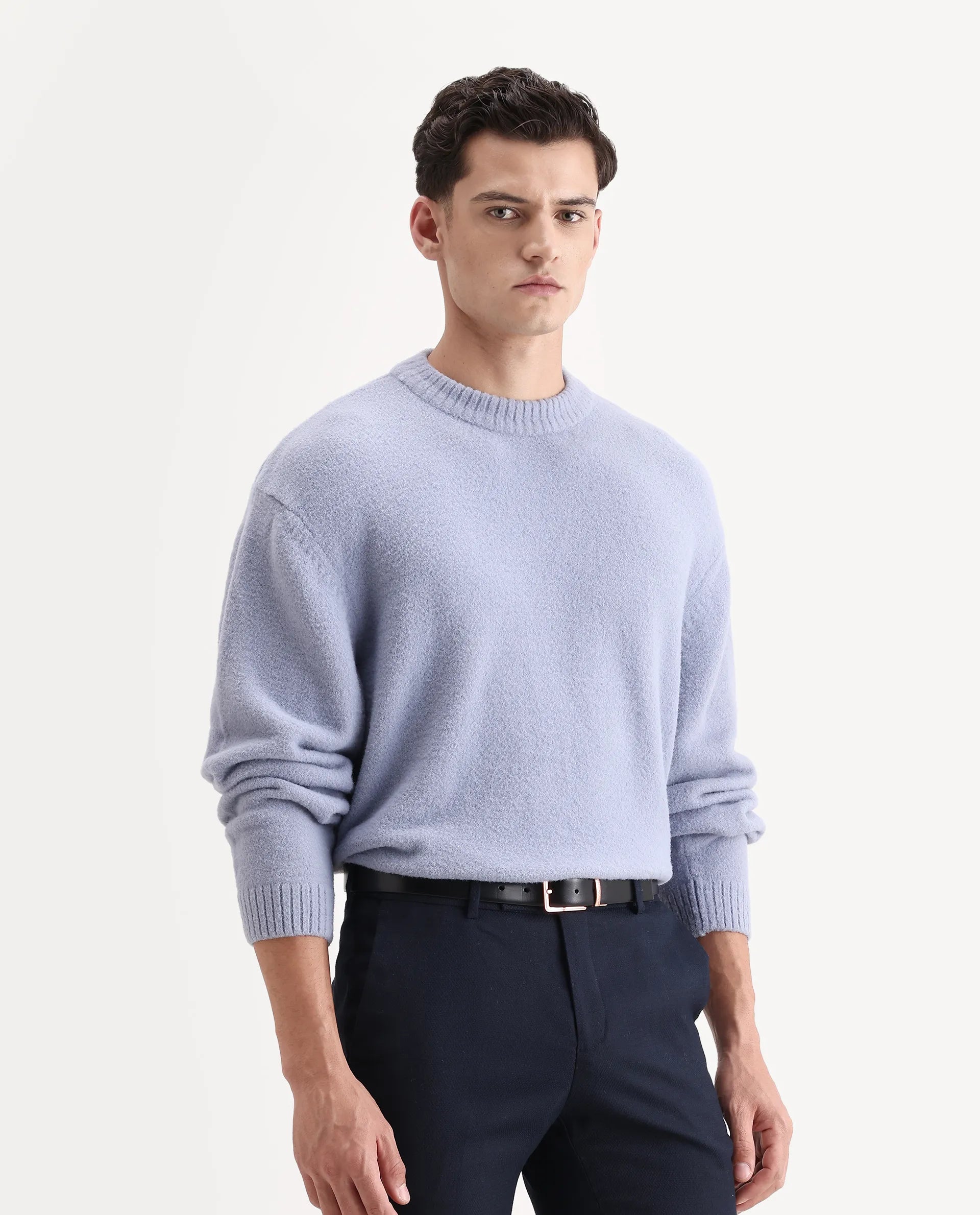 Rare Rabbit Men's Zeo 1 Light Grey Nylon Plain Regular Fit Full Sleeve Crew Neck Sweater