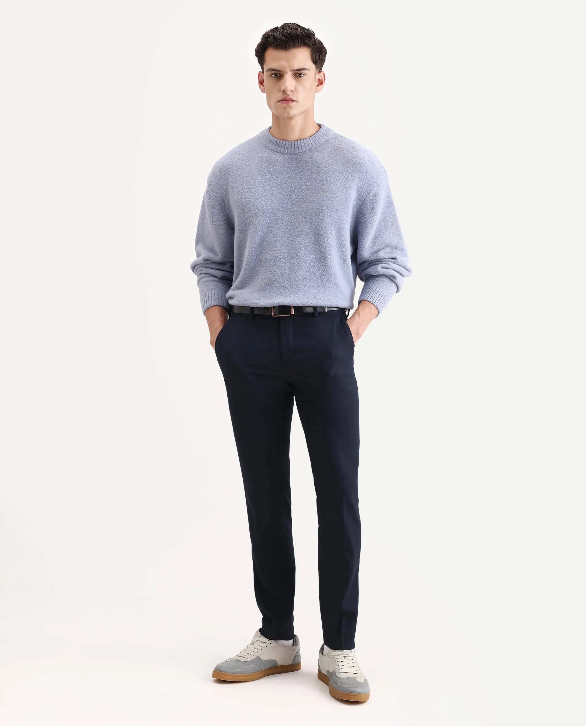 Rare Rabbit Men's Zeo 1 Light Grey Nylon Plain Regular Fit Full Sleeve Crew Neck Sweater